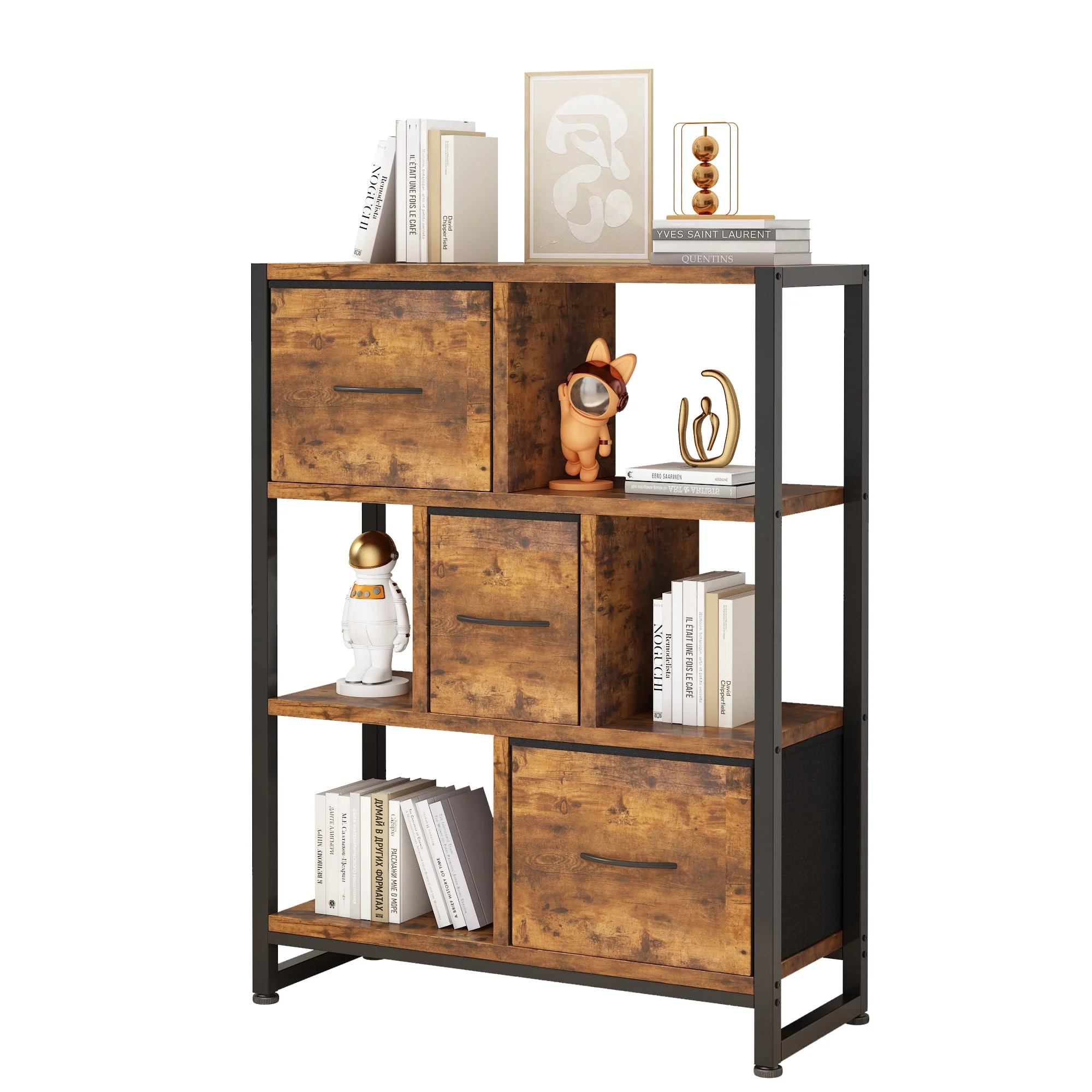 4 Tier Bookshelf, 40.5'' Tall Bookcase with 3 Non-Woven Fabric Storage Drawers, Industrial Display Standing Shelf Unit in Iron Frame & Solid Wood for Bedroom, Living Room, Entryway, Brown