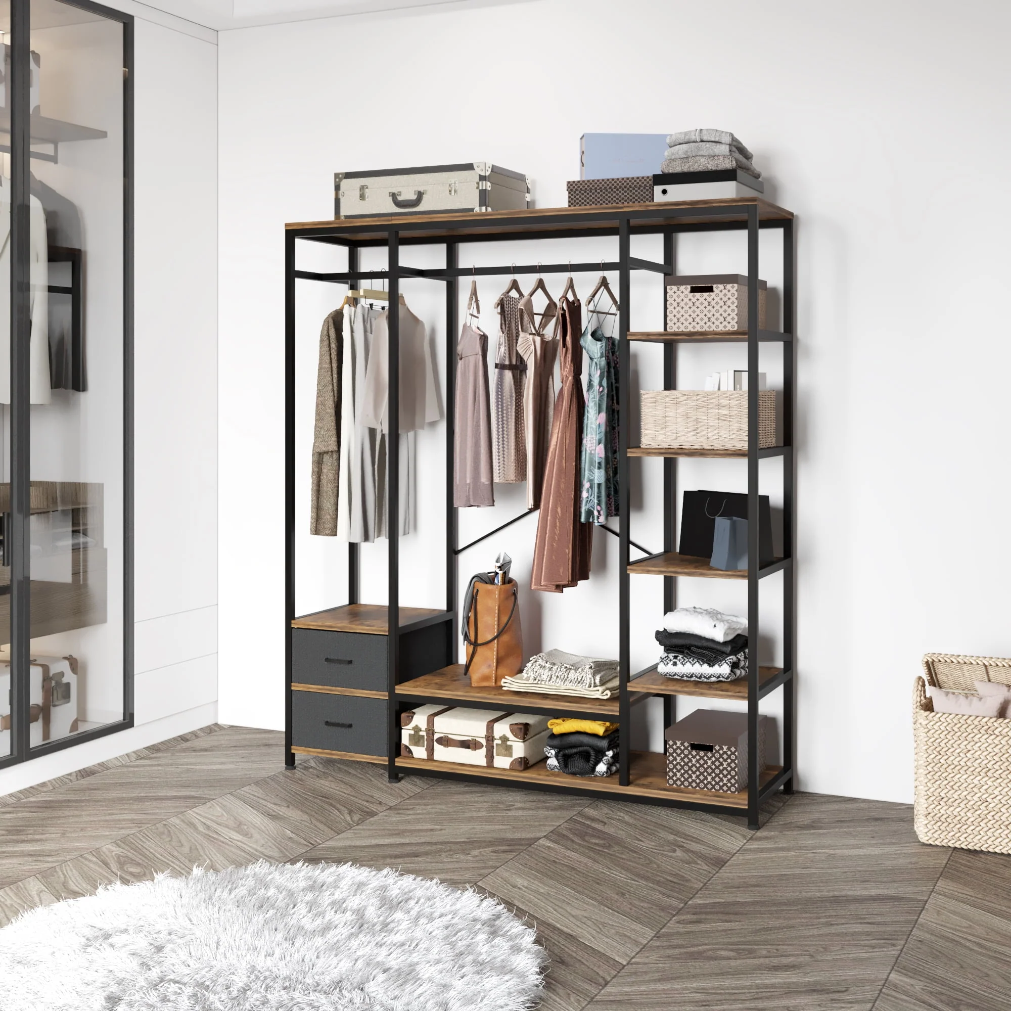Metal Garment Rack Heavy Duty Clothing Rack with Shelves Freestanding Closet Organizer, Non-Woven Drawer