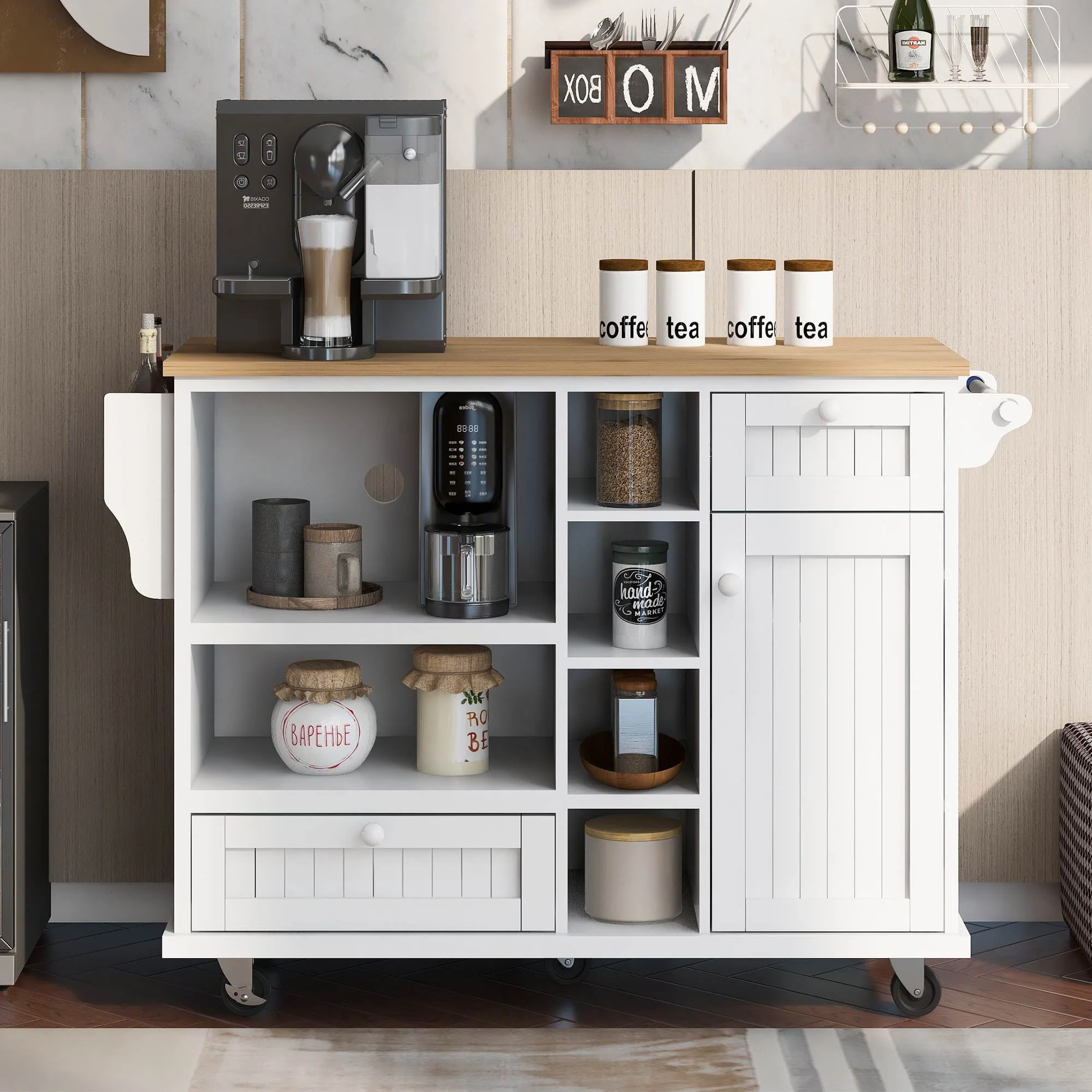 Kitchen Island Cart with Storage Cabinet, Rolling Mobile Kitchen Cart with Wood Desktop, Microwave Cabinet, Floor Standing Buffet Server Sideboard for Kitchen Room, Dining Room, White