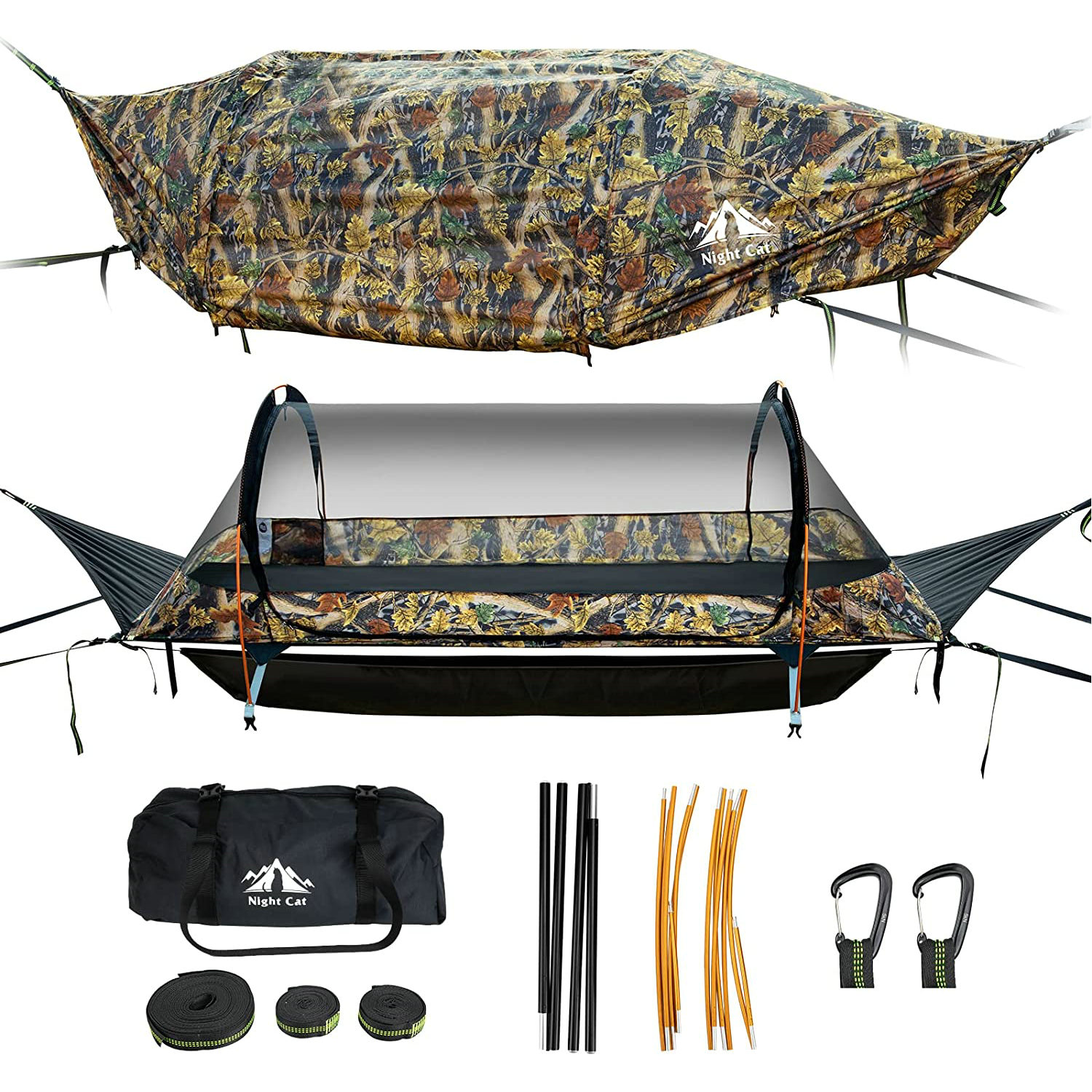 Night Cat Flat Lay Hammock Tent with Mosquito Net Waterproof Rainfly Storage Room for 1 Person Backpacking Hiking Camping Lightweight 440LBS 87x28x19in Army Green
