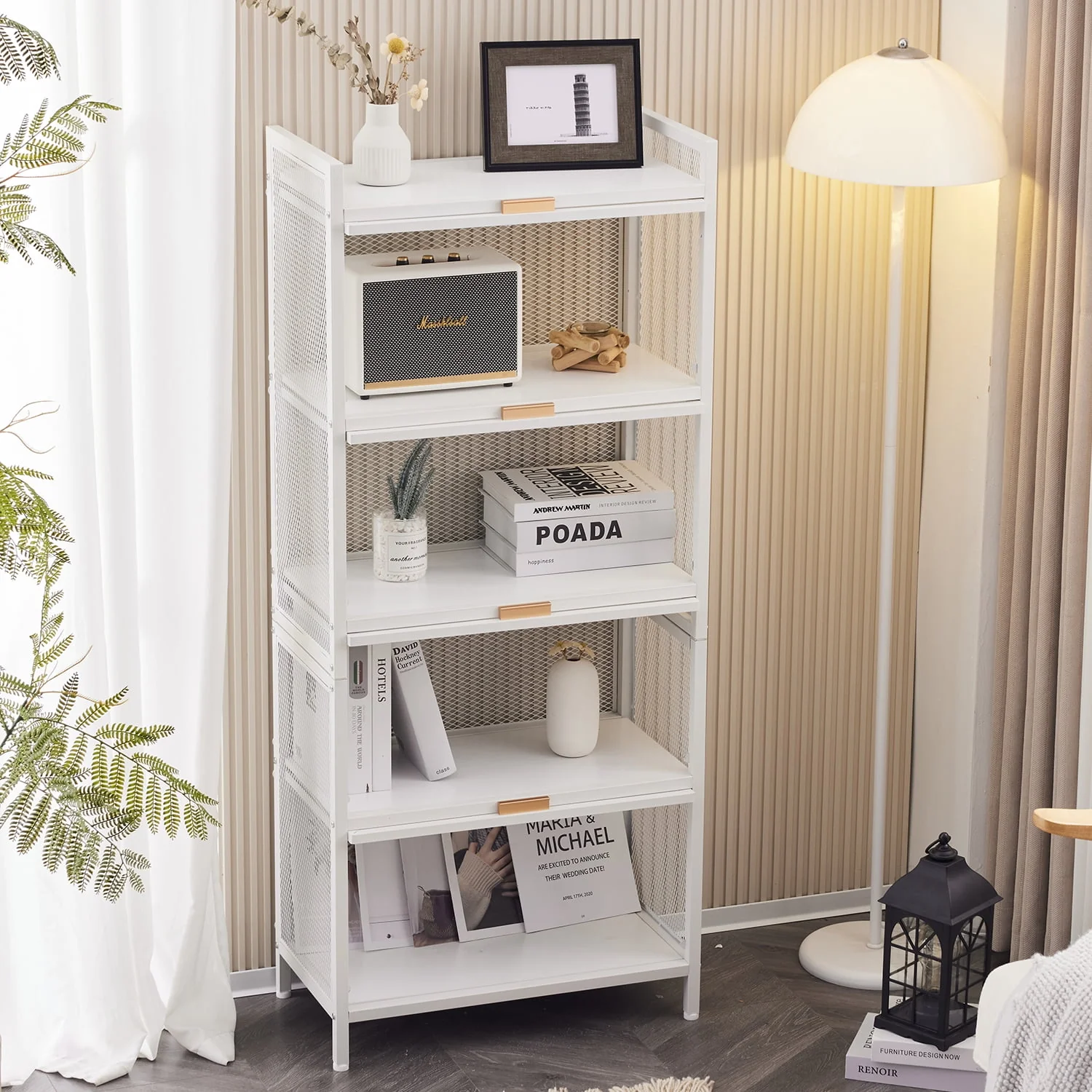 5-Tier Storage Shelf, Kitchen Storage Cabinet with Flip-up PC Doors, Mobile Microwave Stand, Freestanding Kitchen Bakers Rack with 4 Rolling Casters, 23.62