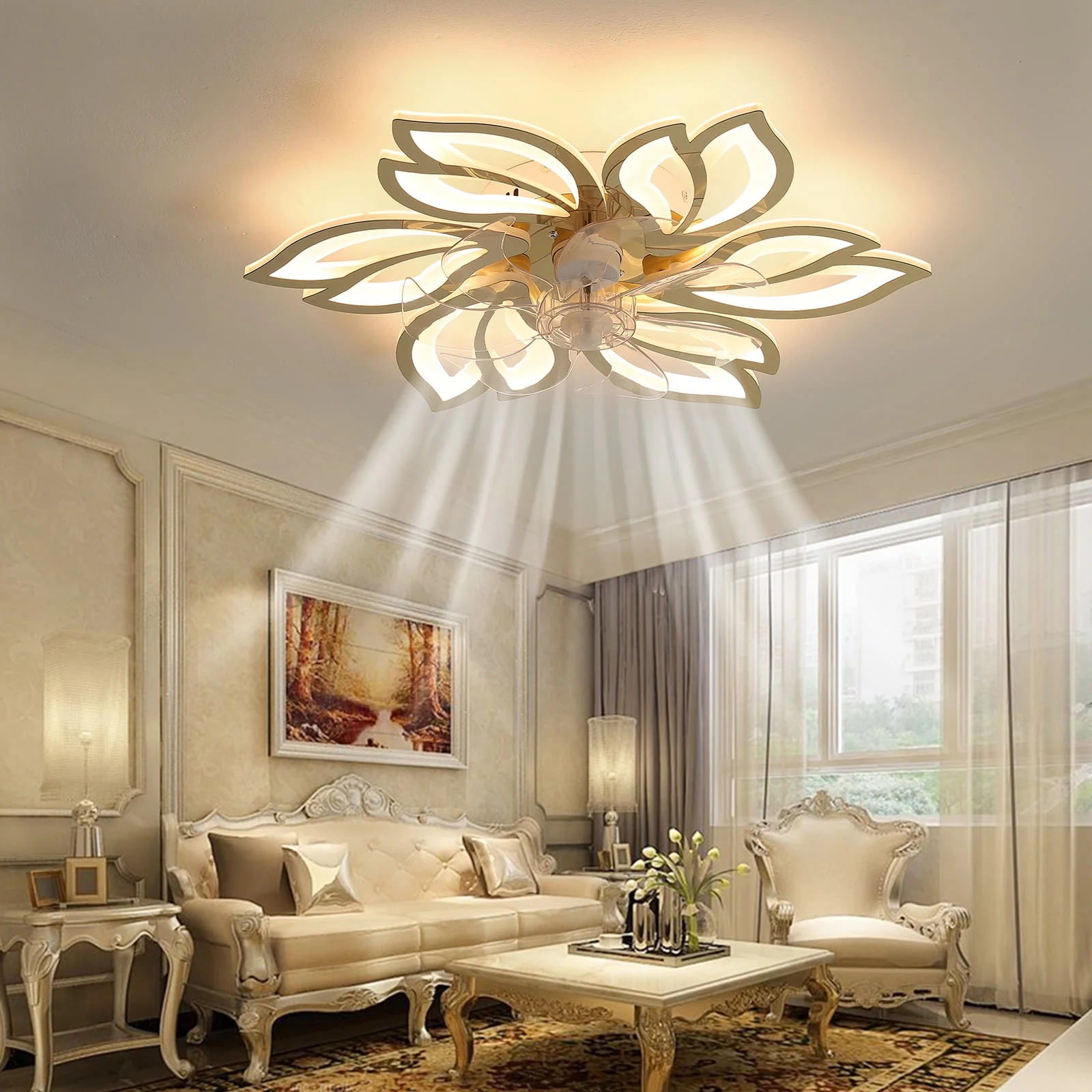 25.5In Celling Fans with Lights, Flower Shape LED Ceiling Fan Lamp, 3 Color Dimming Timing 6 Wind Speed Fan Light with Remote