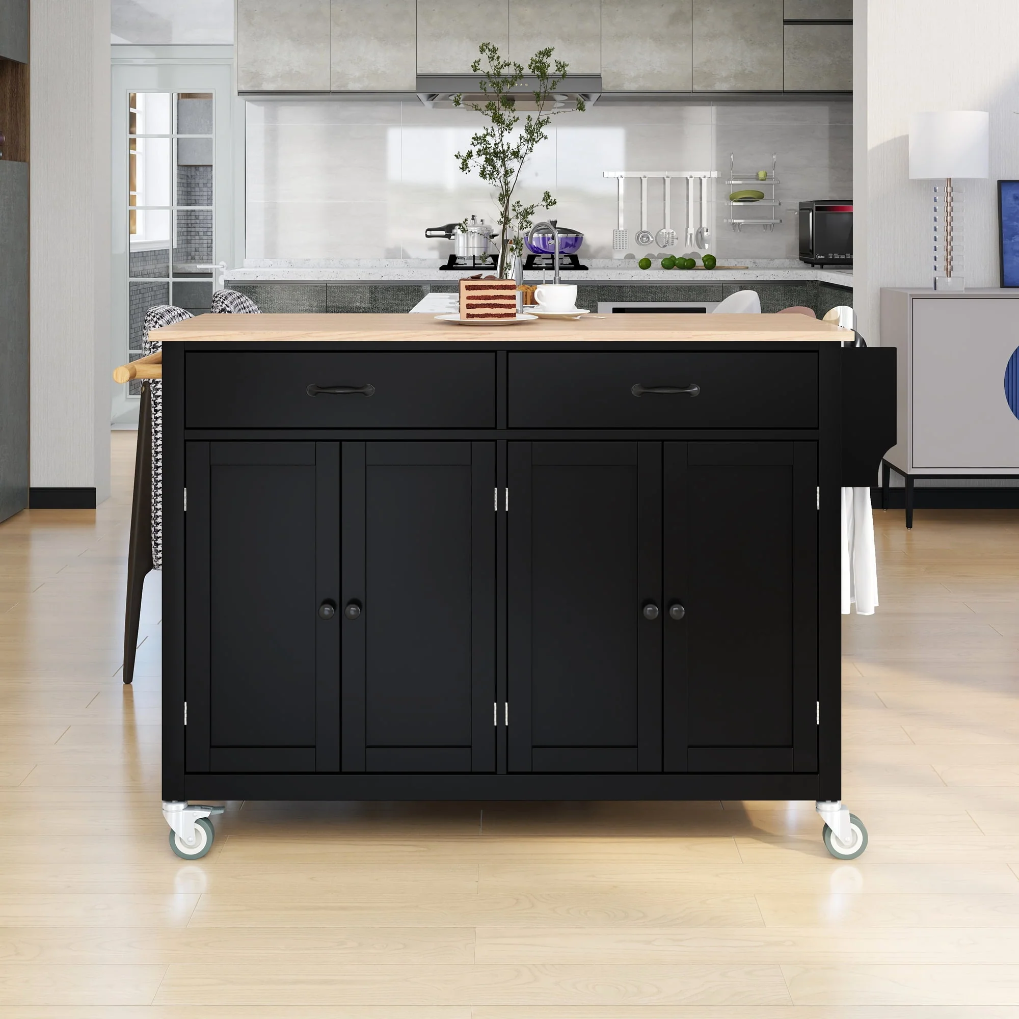 Kitchen Island Cart, Rolling Mobile Kitchen Island Cart with Wood Top and Locking Wheels, Storage Utility Cart with 4 Door Cabinet and Two Drawers, Spice Rack, Towel Rack, Black