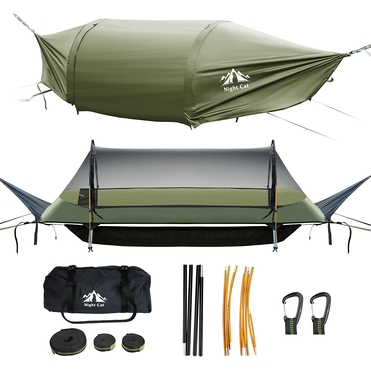 Night Cat Flat Lay Hammock Tent with Mosquito Net Waterproof Rainfly Storage Room for 1 Person Backpacking Hiking Camping Lightweight 440LBS 87x28x19in Army Green