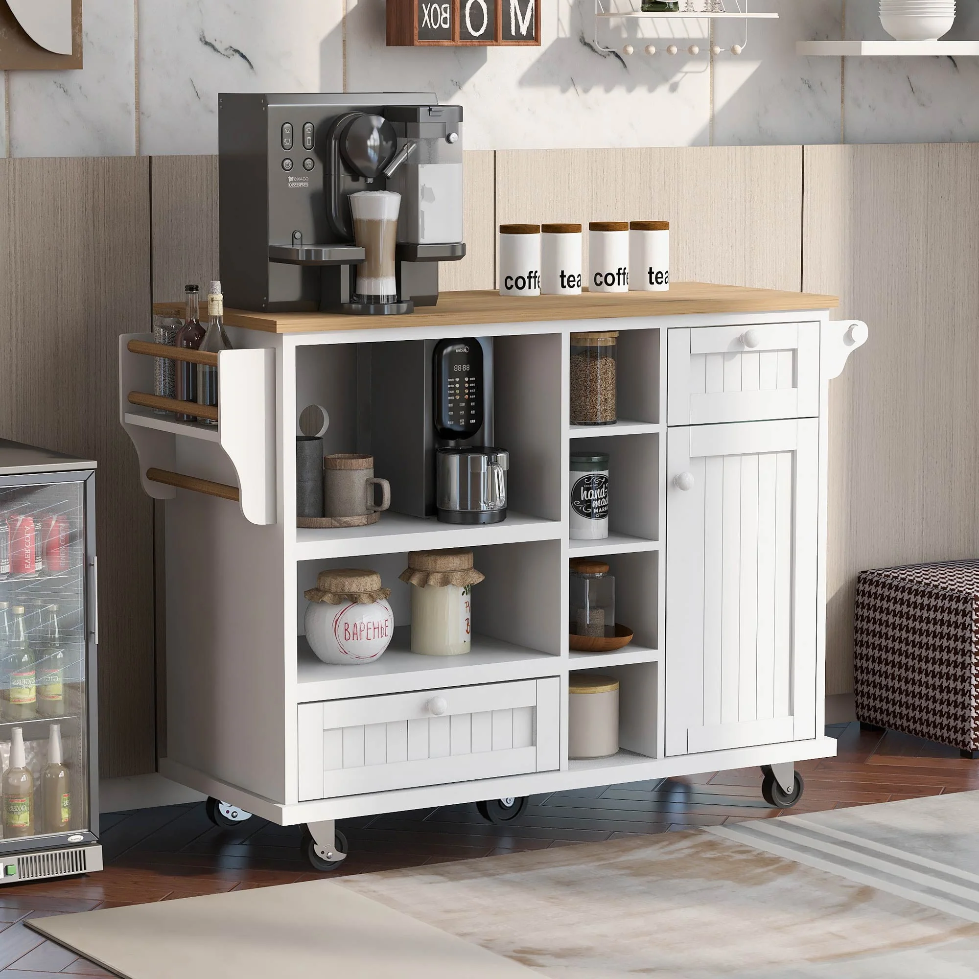 Kitchen Island Cart with Storage Cabinet, Rolling Mobile Kitchen Cart with Wood Desktop, Microwave Cabinet, Floor Standing Buffet Server Sideboard for Kitchen Room, Dining Room, White