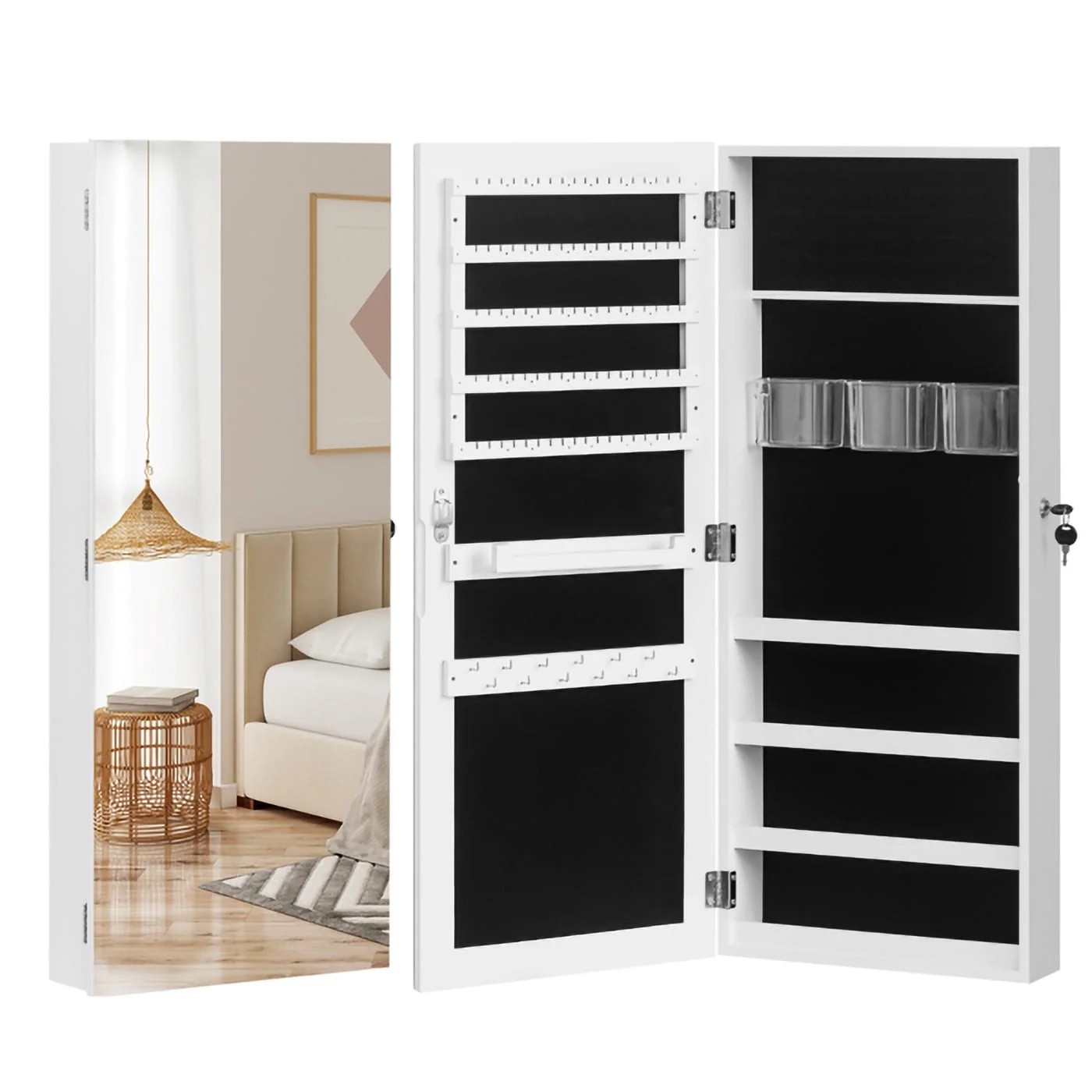Jewelry Armoire with Full Length Mirror, Wall/Door Mounted Armoire Cabinet, PVC Wood Jewelry Storage for Necklaces, Earrings, Cosmetic, White