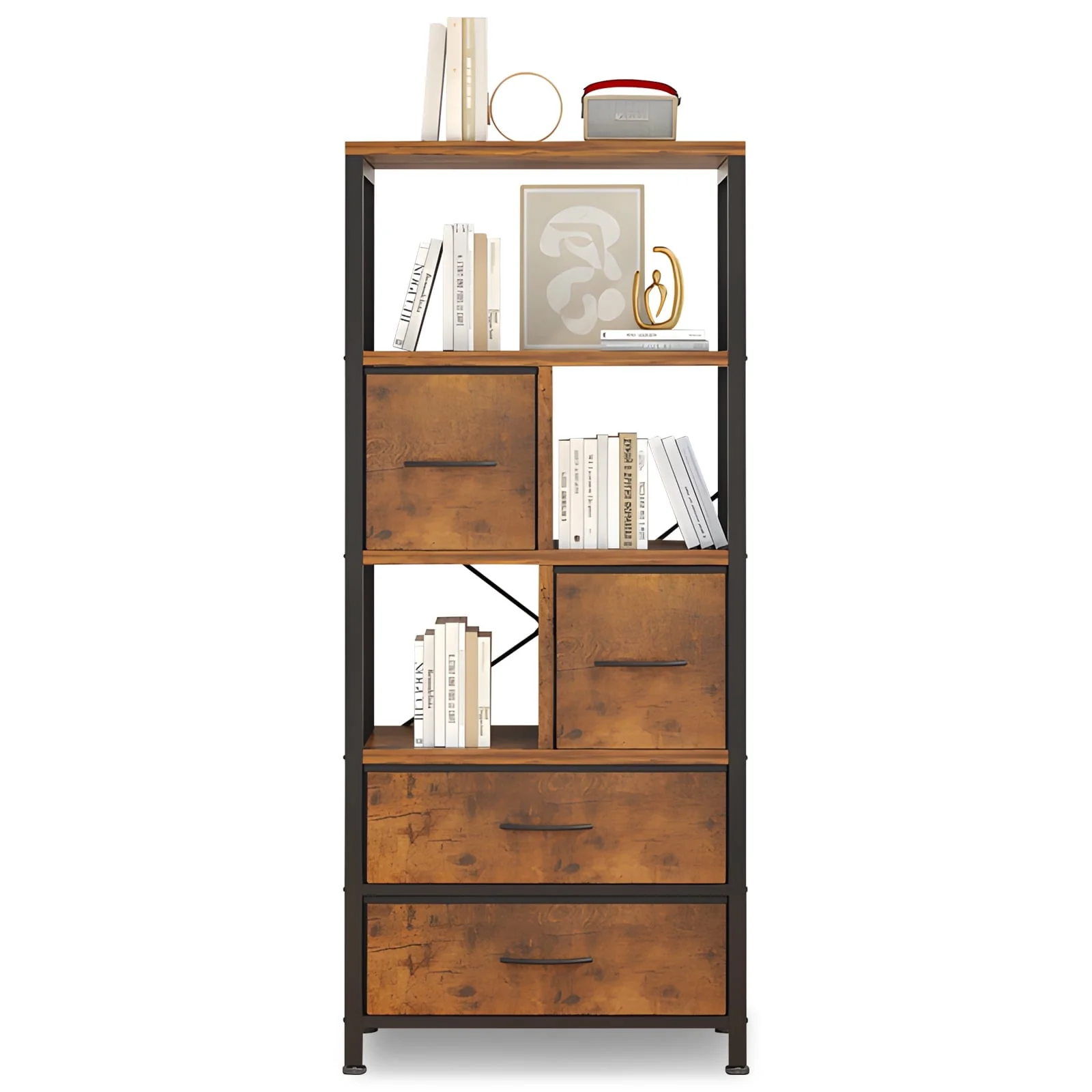 5 Tier Bookshelf, Bookcase with 4 Drawers Shelves, Tall Book Shelf Book Case for Home & Office, Rustic Brown