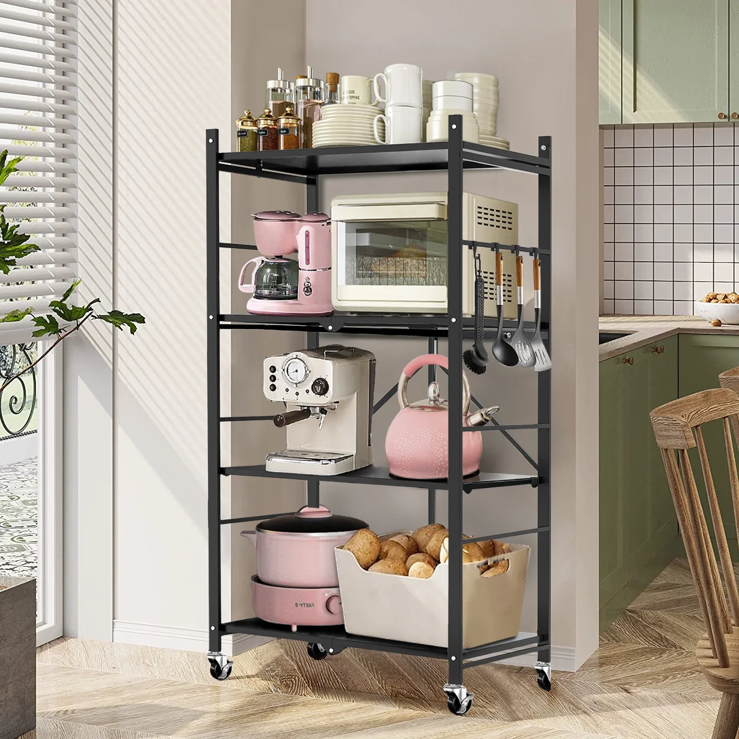 4-Tier Storage Shelving Unit, Metal Shelf, Adjutable Height, Foldable Storage Shelf with Wheels, Garage Shelf, Kitchen Shelf, Side Protective, 400lbs Capacity, Black