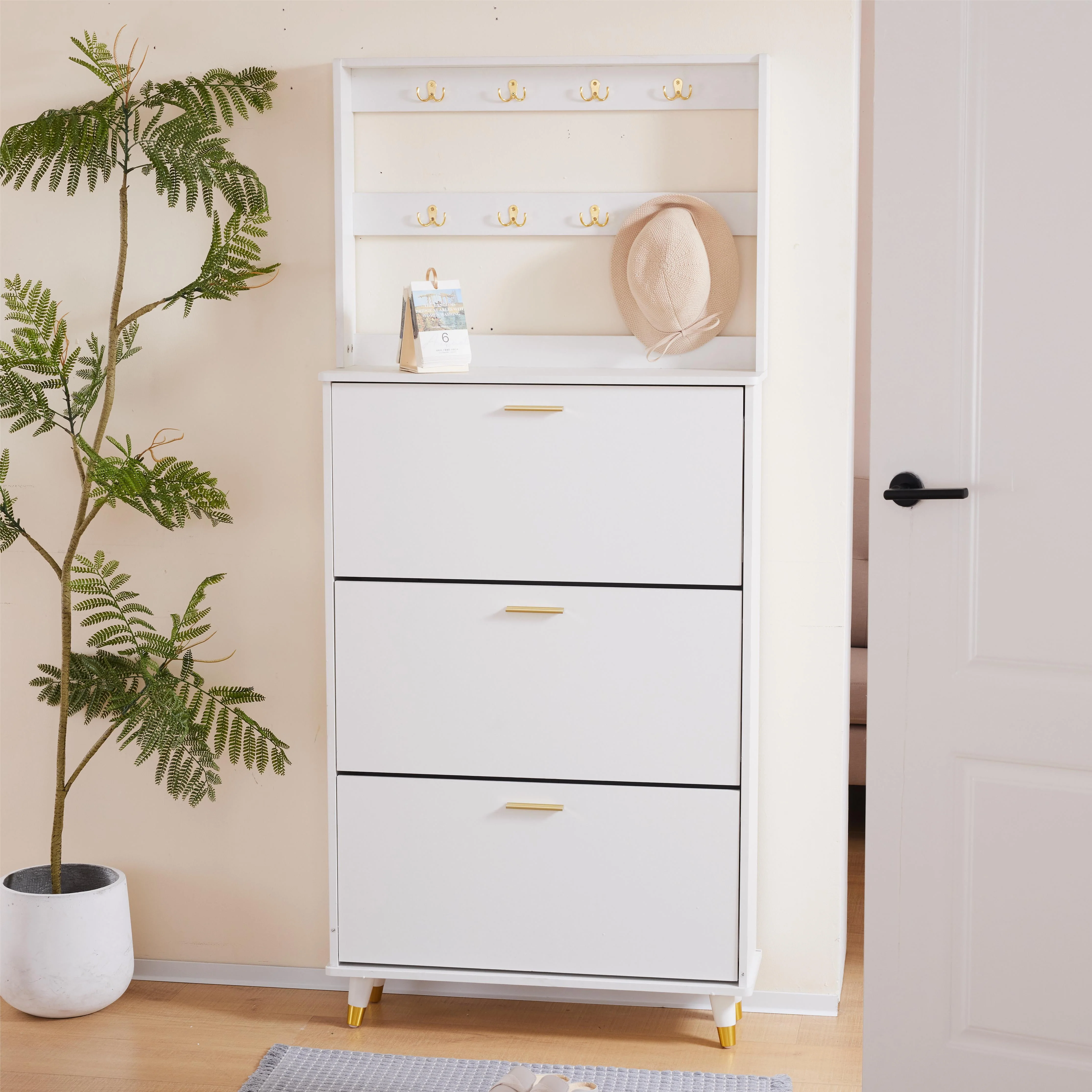 3-Tier Flip Drawer Shoe Cabinets, Hat Coat Rack with Shoe Storage, Entryway Bedroom Armoire, Shoe Cabinet with Open Storage, White