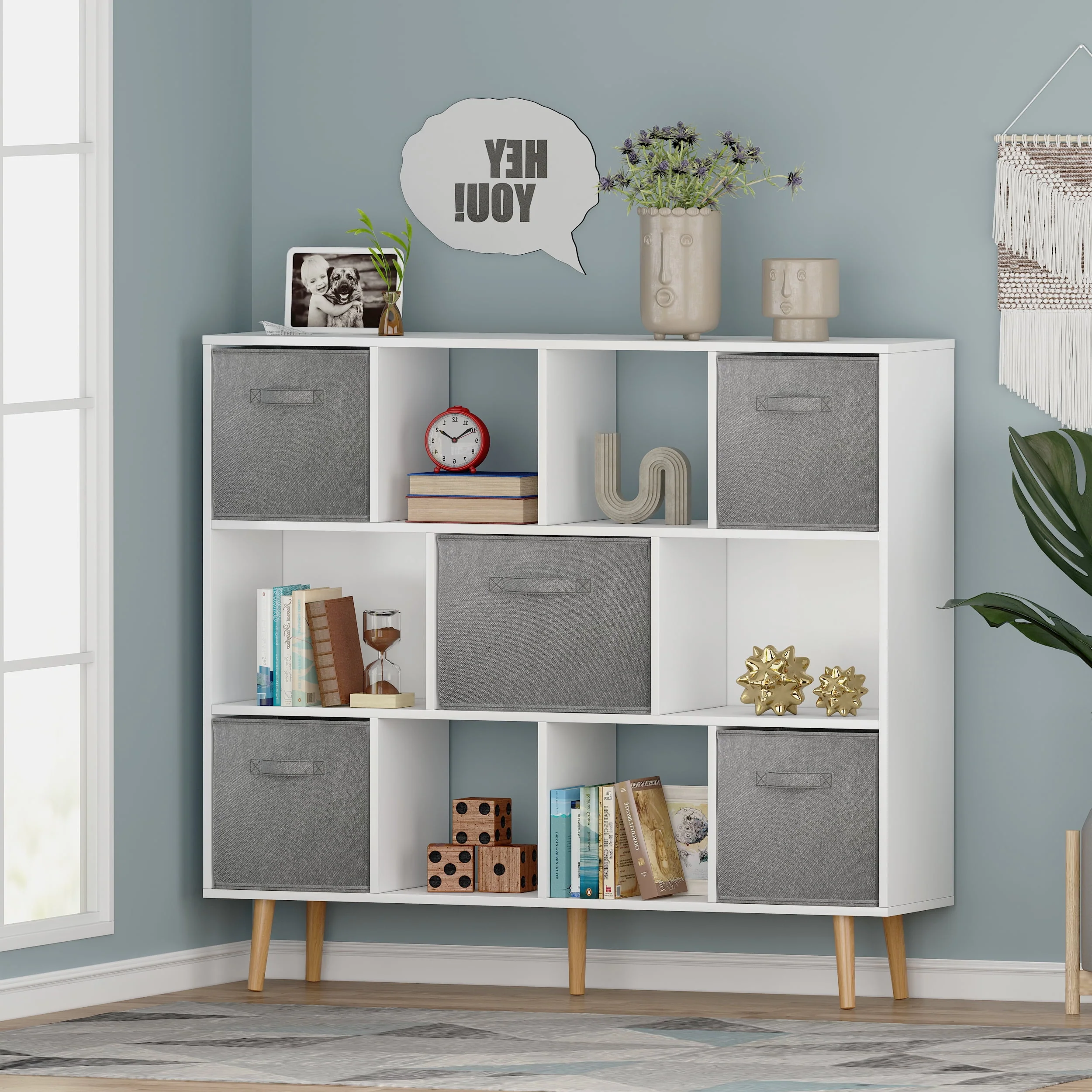 11-Cube Storage Organizer, Bookshelf with Storage Bins, 4 Tier Freestanding Open Bookshelf with 5 Nonwoven Fabric Drawers,White