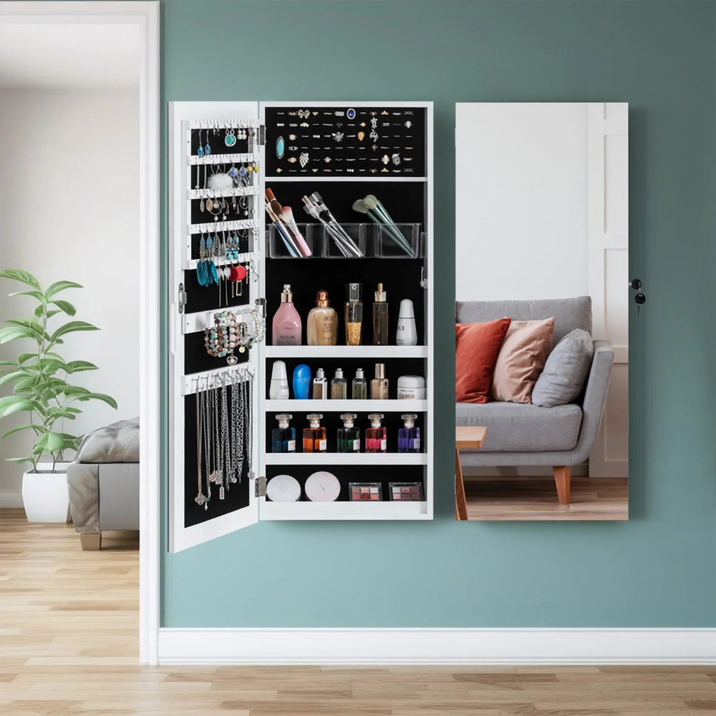 Jewelry Armoire with Full Length Mirror, Wall/Door Mounted Armoire Cabinet, PVC Wood Jewelry Storage for Necklaces, Earrings, Cosmetic, White