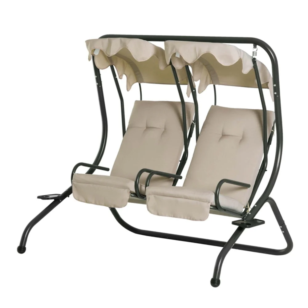 2-Seat Porch Swing with Stand, Outdoor Swing Glider with Removable Canopy and Cup Holders for Porch, Garden, Backyard, 480 lbs Capacity, Beige