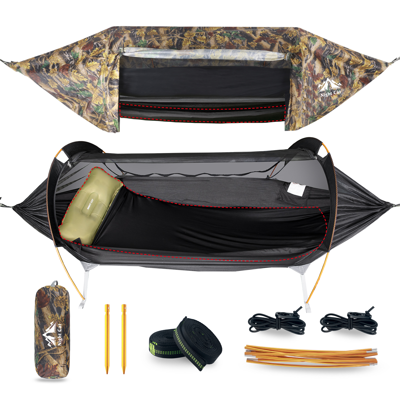 Night Cat 3 in 1 Hammock Tent with Storage Pocket for Sleeping Pad(Exclude) with Bug Net and Rainfly 1 2 Persons Backpacking Camp Tent Waterproof Lightweight 440lbs