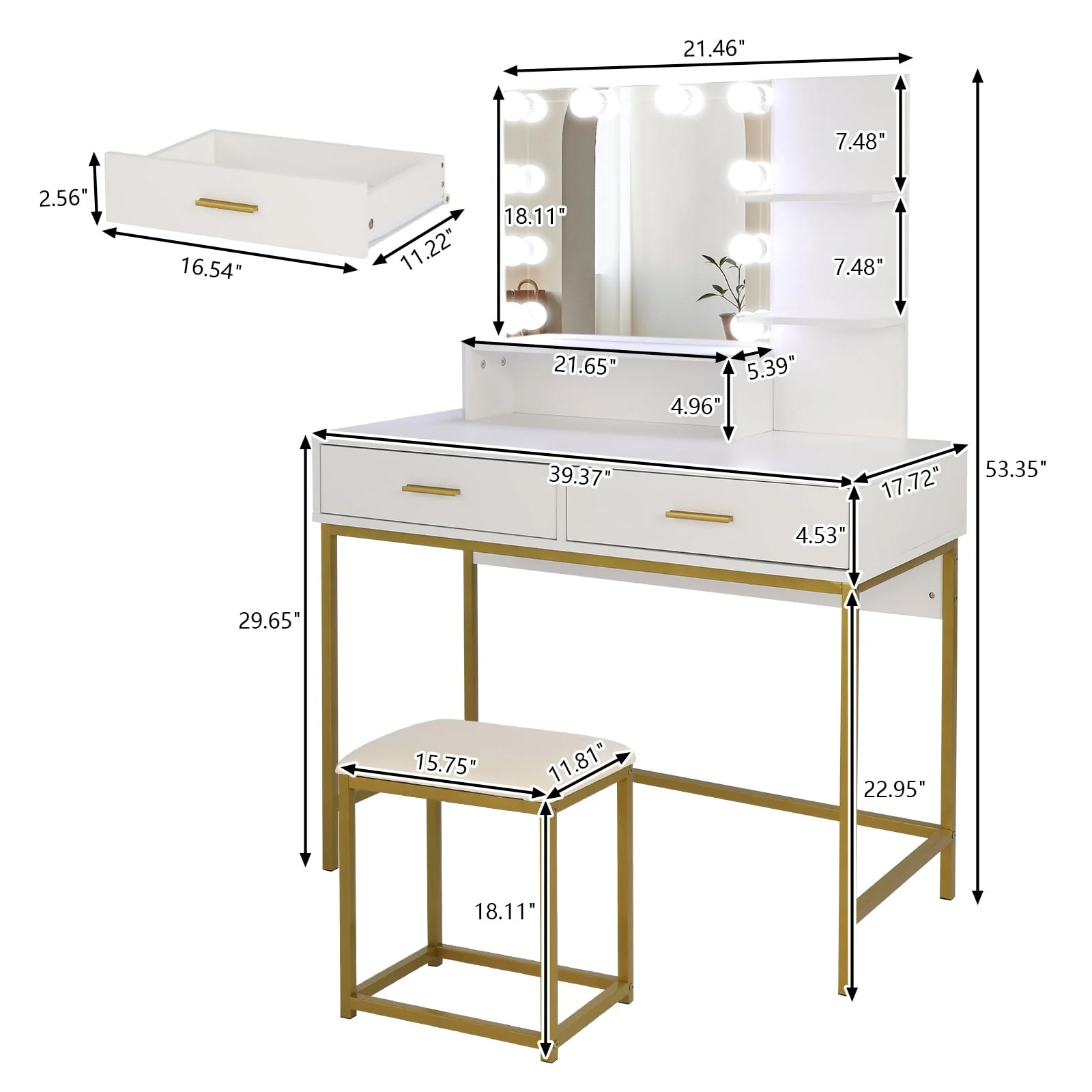 Vanity Desk with Lights, Makeup Table with Cushioned Stool, 3 Storage Shelves 2 Drawers, Dressing Table Dresser Desk for Women, Girls, Bedroom, White
