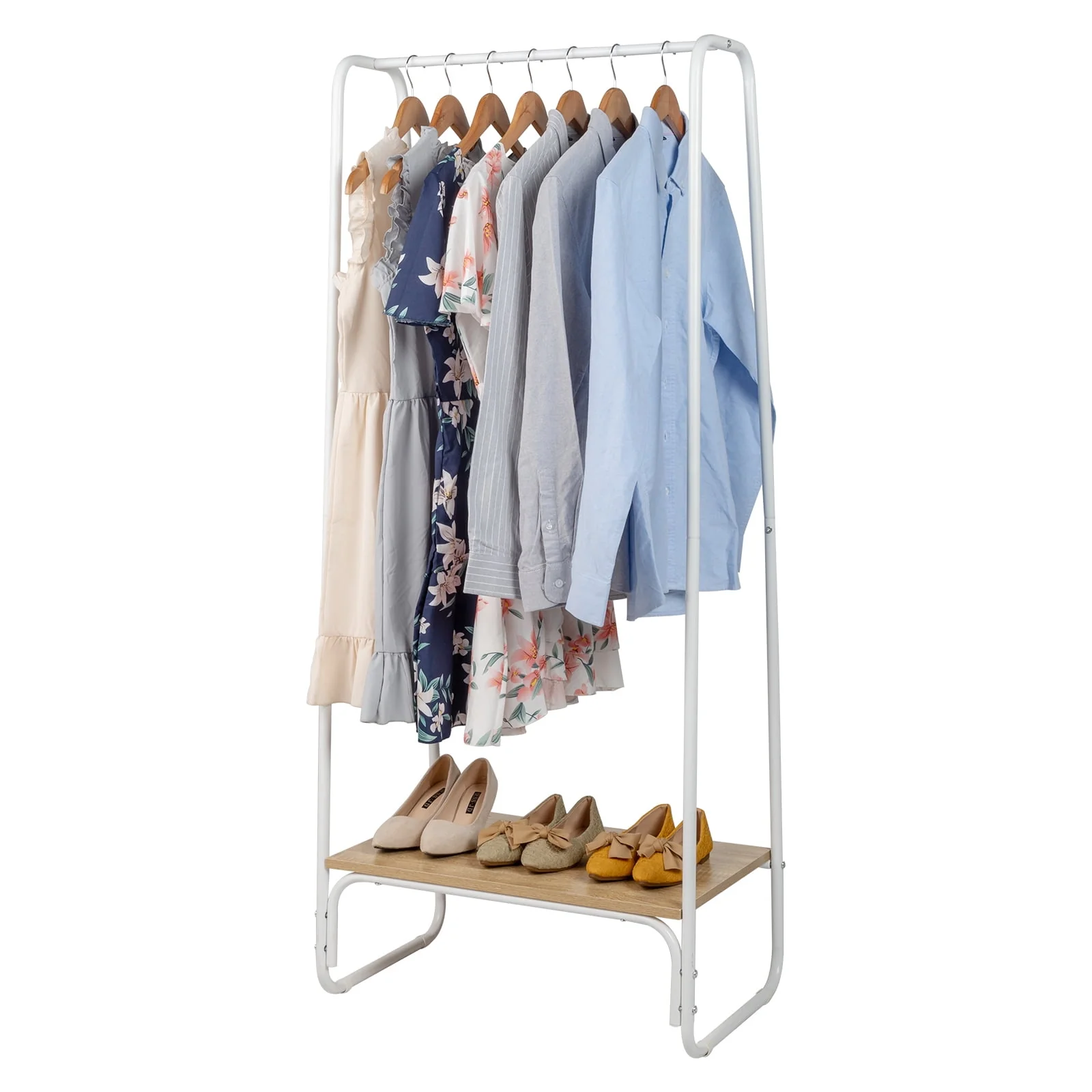 Clothes Rack for Hanging Clothes with Bottom Wood Shelf, Freestanding Clothing Rack, Easy to Assemble Garment Rack, Metal, Sturdy,Small Space Storage Rack,White