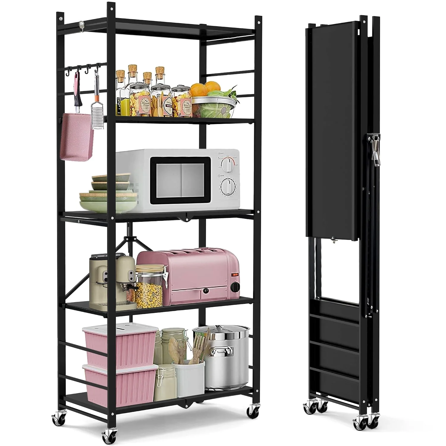 5-Tier Storage Shelving Unit, Metal Shelf, Adjutable Height, Foldable Storage Shelf with Wheels, Garage Shelf, Kitchen Shelf, Side Protective, 550lbs Capacity, Black