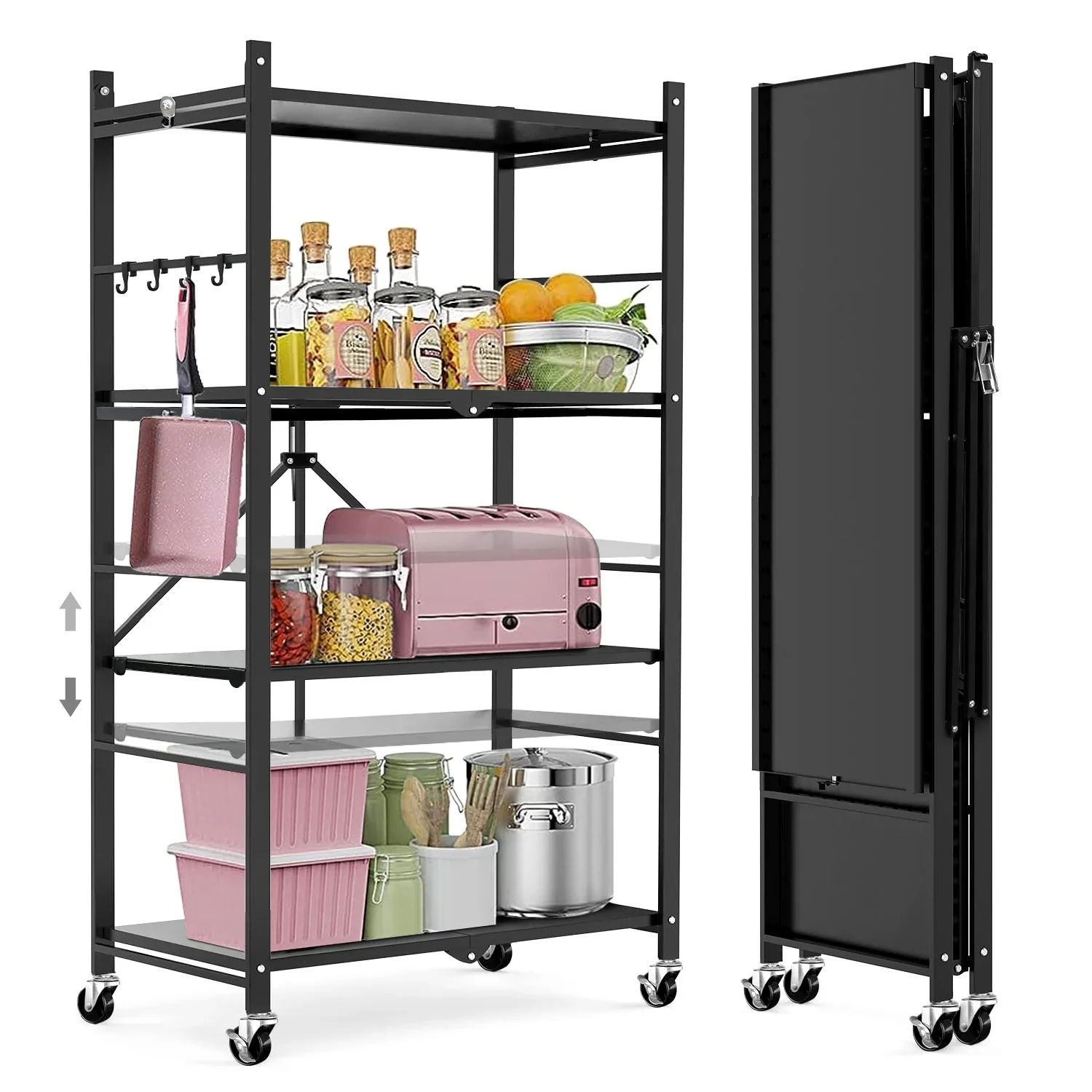 4-Tier Storage Shelving Unit, Metal Shelf, Adjutable Height, Foldable Storage Shelf with Wheels, Garage Shelf, Kitchen Shelf, Side Protective, 400lbs Capacity, Black