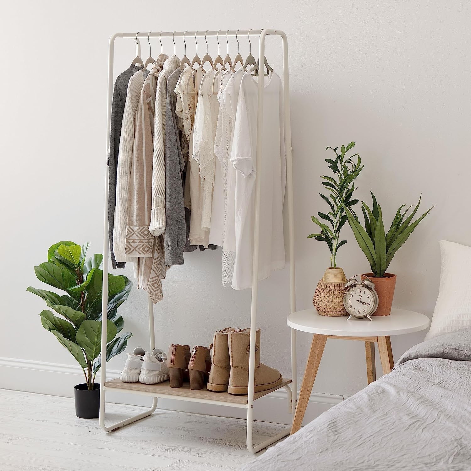 Clothes Rack for Hanging Clothes with Bottom Wood Shelf, Freestanding Clothing Rack, Easy to Assemble Garment Rack, Metal, Sturdy,Small Space Storage Rack,White