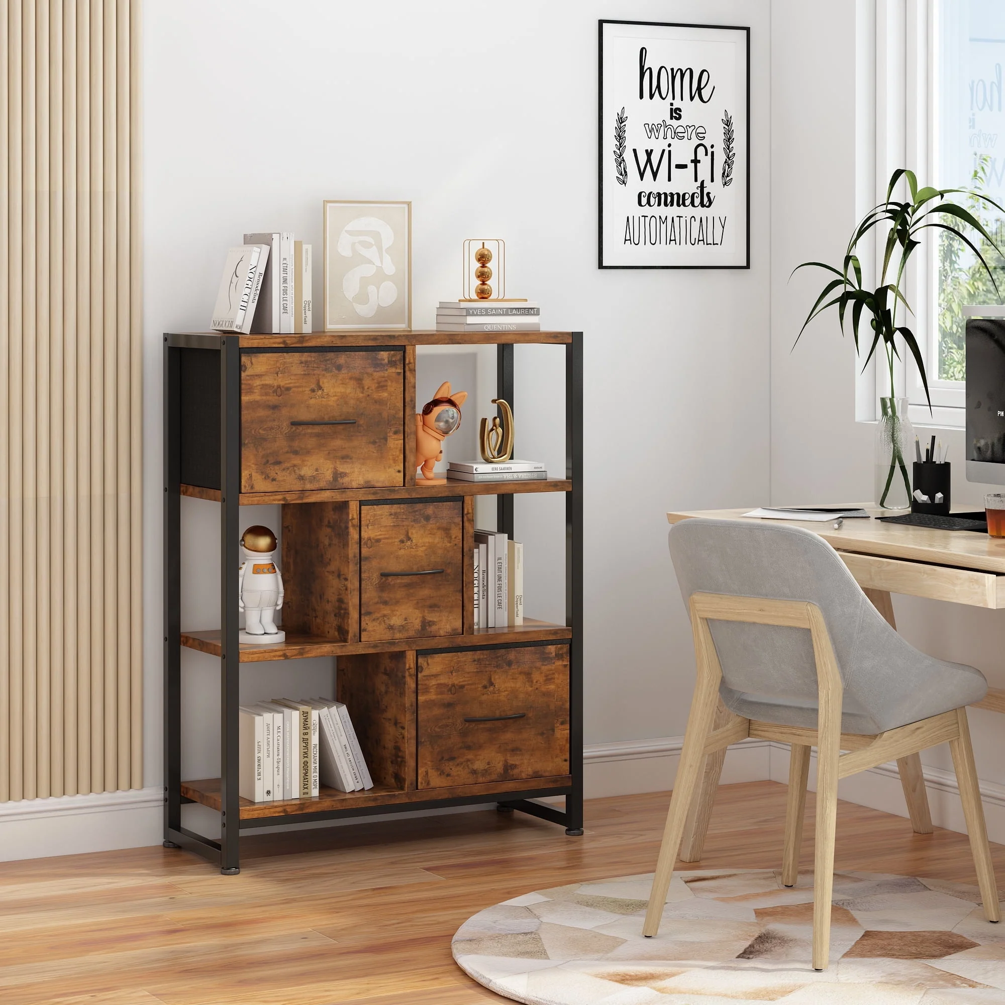 4 Tier Bookshelf, 40.5'' Tall Bookcase with 3 Non-Woven Fabric Storage Drawers, Industrial Display Standing Shelf Unit in Iron Frame & Solid Wood for Bedroom, Living Room, Entryway, Brown