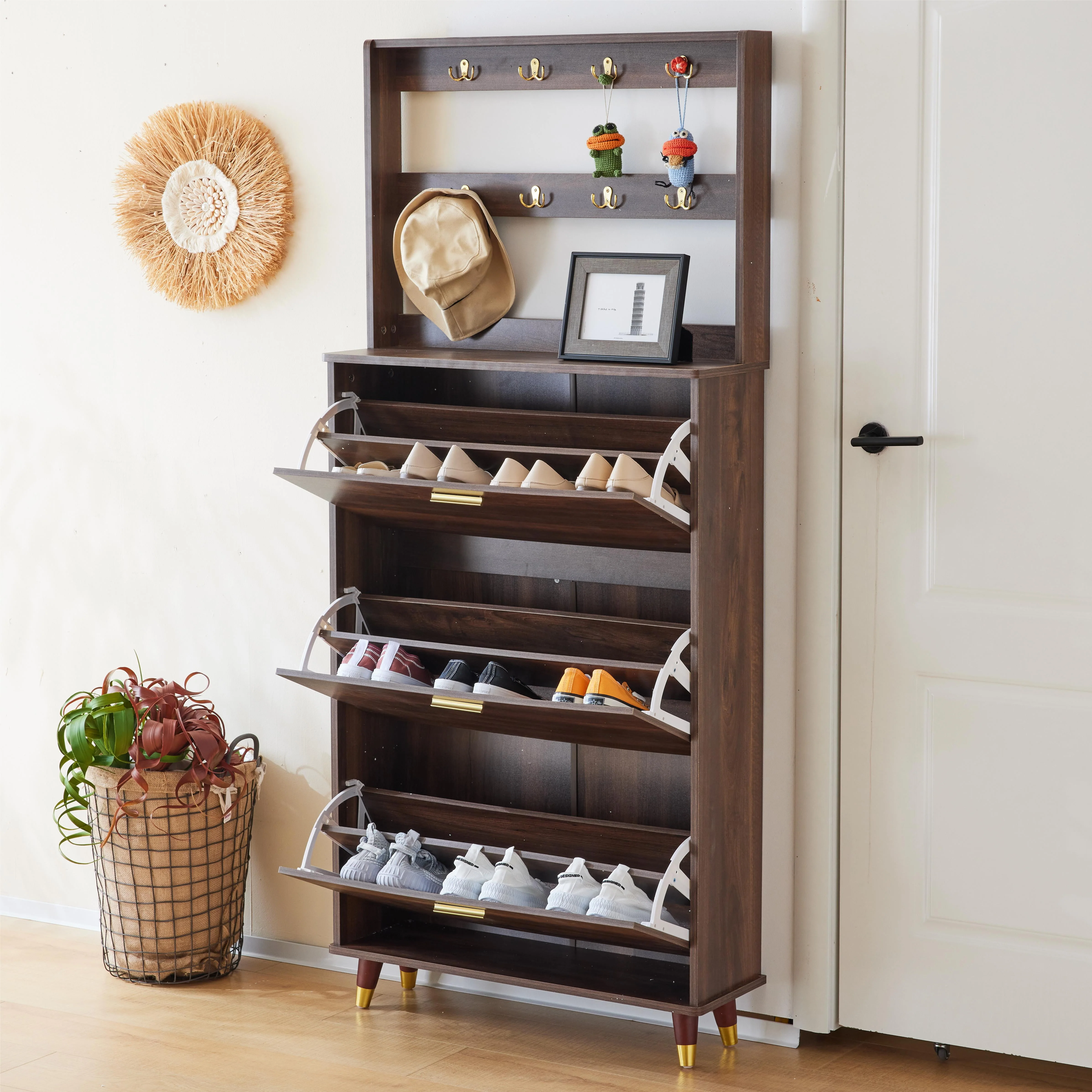 3-Tier Flip Drawer Shoe Cabinets, Hat Coat Rack with Shoe Storage, Entryway Bedroom Armoire, Shoe Cabinet with Open Storage, Brown