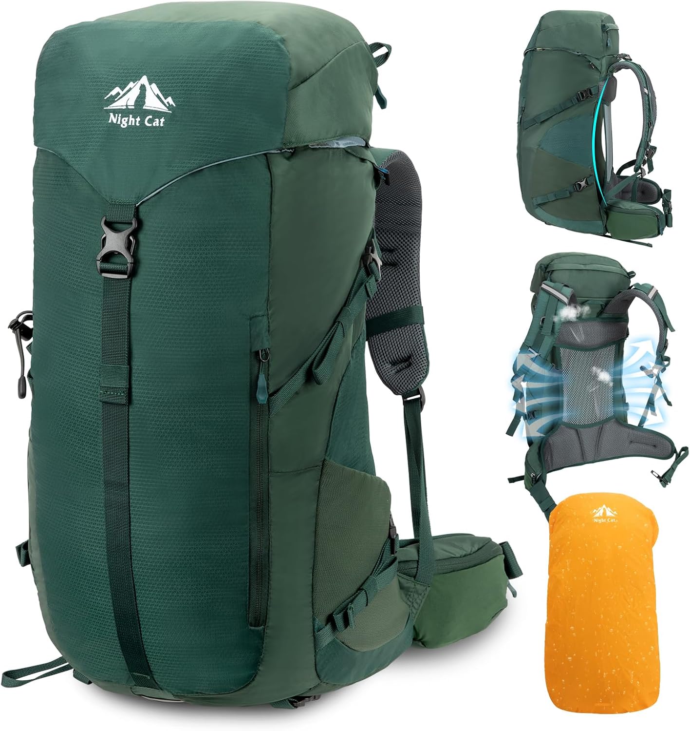 Night Cat Internal-frame Hiking Backpack: 50L Camping Backpack for Men Women Lightweight Waterproof Rain Cover