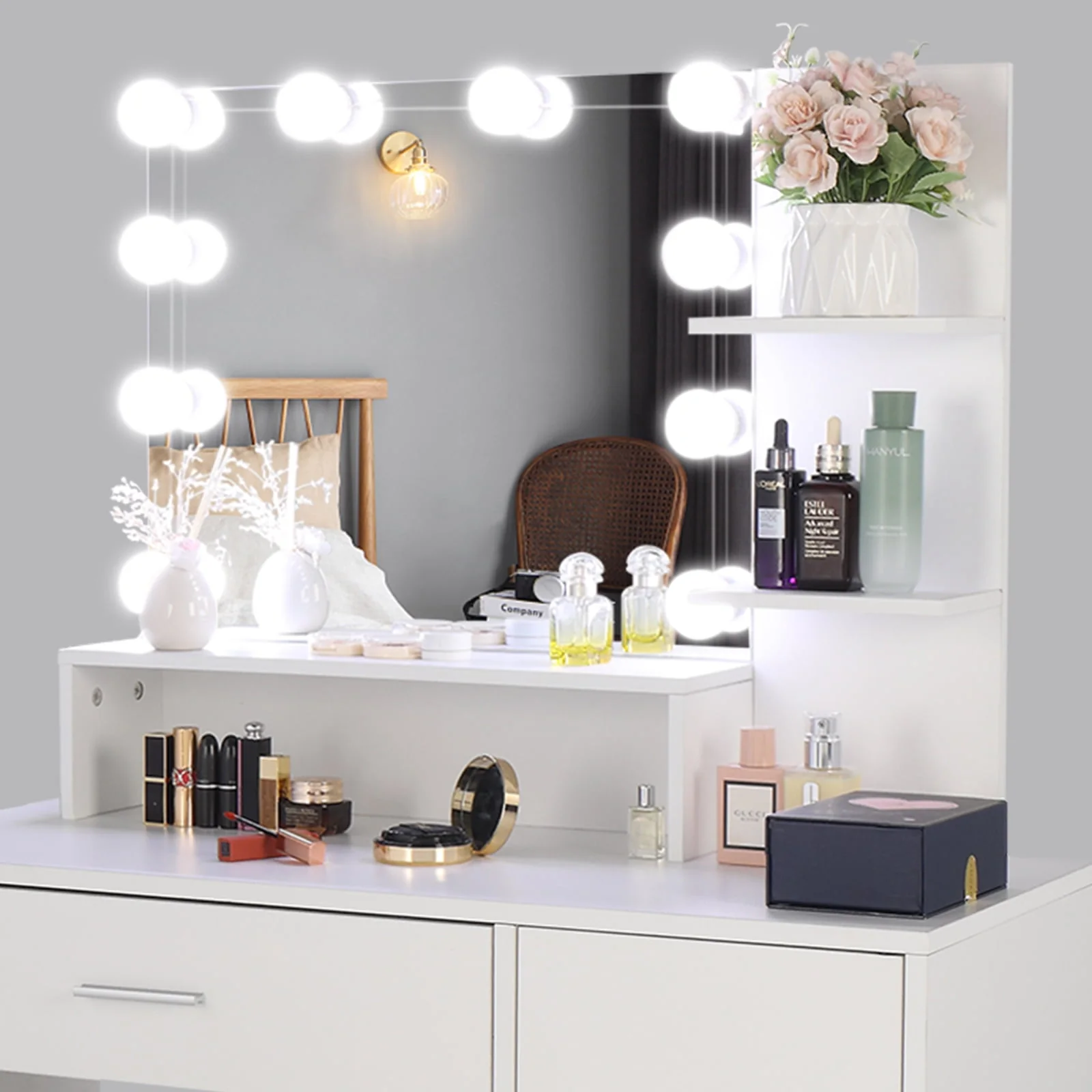 Vanity Set with Lighted Mirror, 10 LED Bulbs Vanity Dressing Table with 3 Storage Shelves 1 Drawer 1 Cabinet, Makeup Table with Cushioned Stool, White