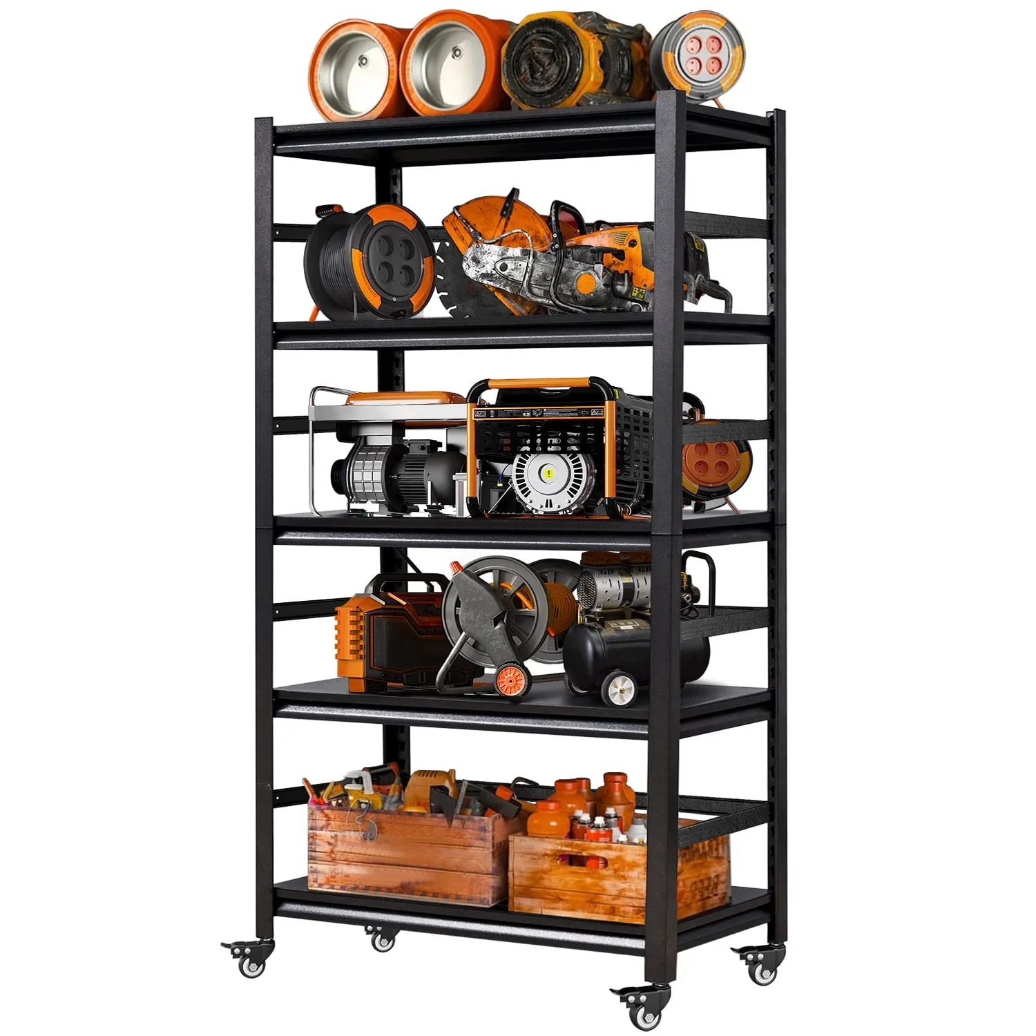 5-Tier Storage Shelving Unit, Metal Shelf with Wheels, 39.4