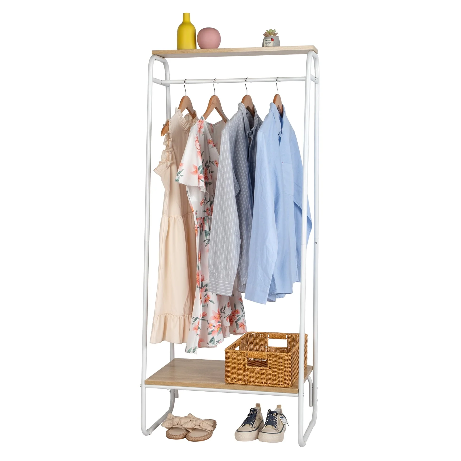 Clothes Rack for Hanging Clothes with 2 Wood Shelves, Freestanding Clothing Rack, Easy to Assemble Garment Rack, Metal, Sturdy Design, Small Space Storage Rack, White