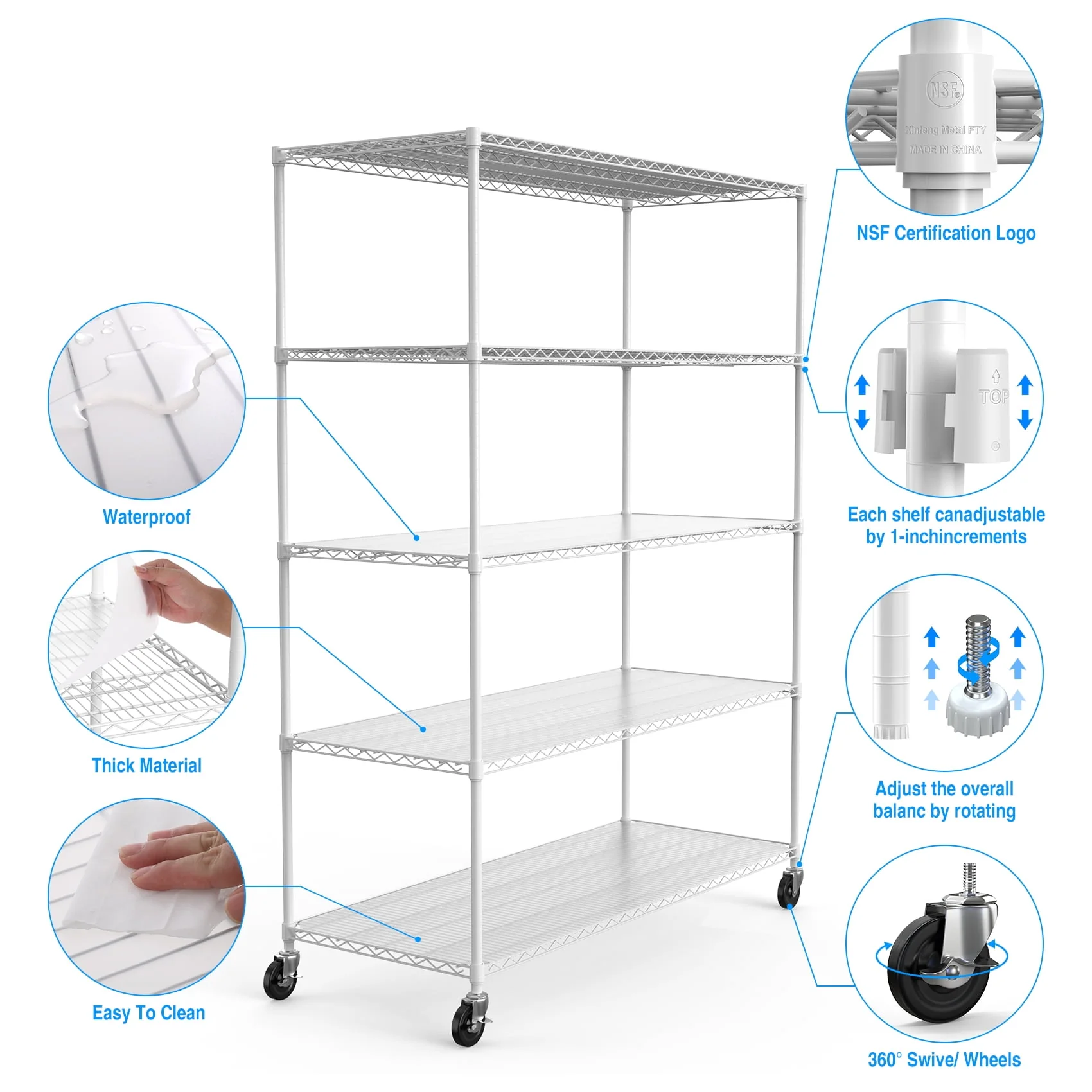5-Tier Wire Shelving Unit, 600lbs Heavy Duty Adjustable Metal Storage Shelf with Wheels, 82