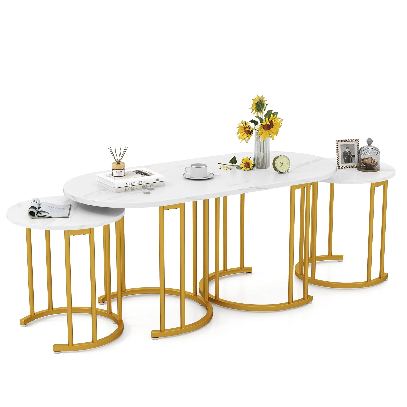 Giantex Nesting Coffee Table Set of 3, Stacking Side Tables with Faux Marble Tabletop & Gold Metal Frame
