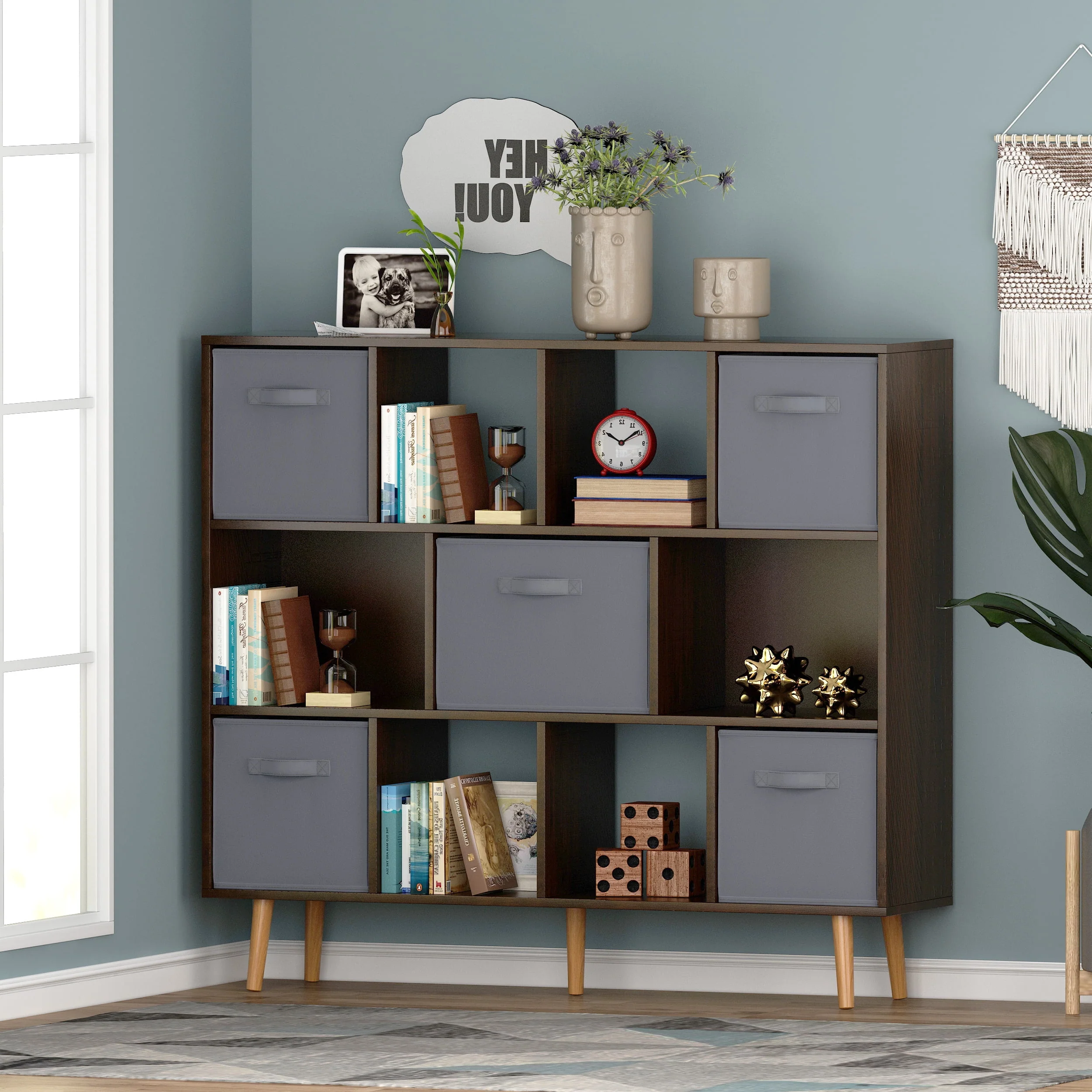 11-Cube Storage Organizer, Bookshelf with Storage Bins, 4 Tier Freestanding Open Bookshelf with 5 Nonwoven Fabric Drawers,Brown