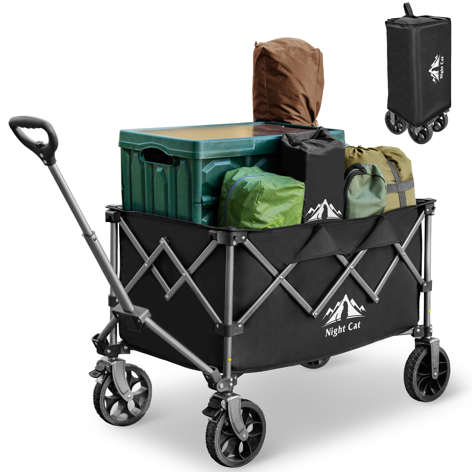 Night Cat Collapsible Wagon for Camping: 150L Garden Gart with Wheels Heavy Duty - Folding Utility Wagon for Outdoor