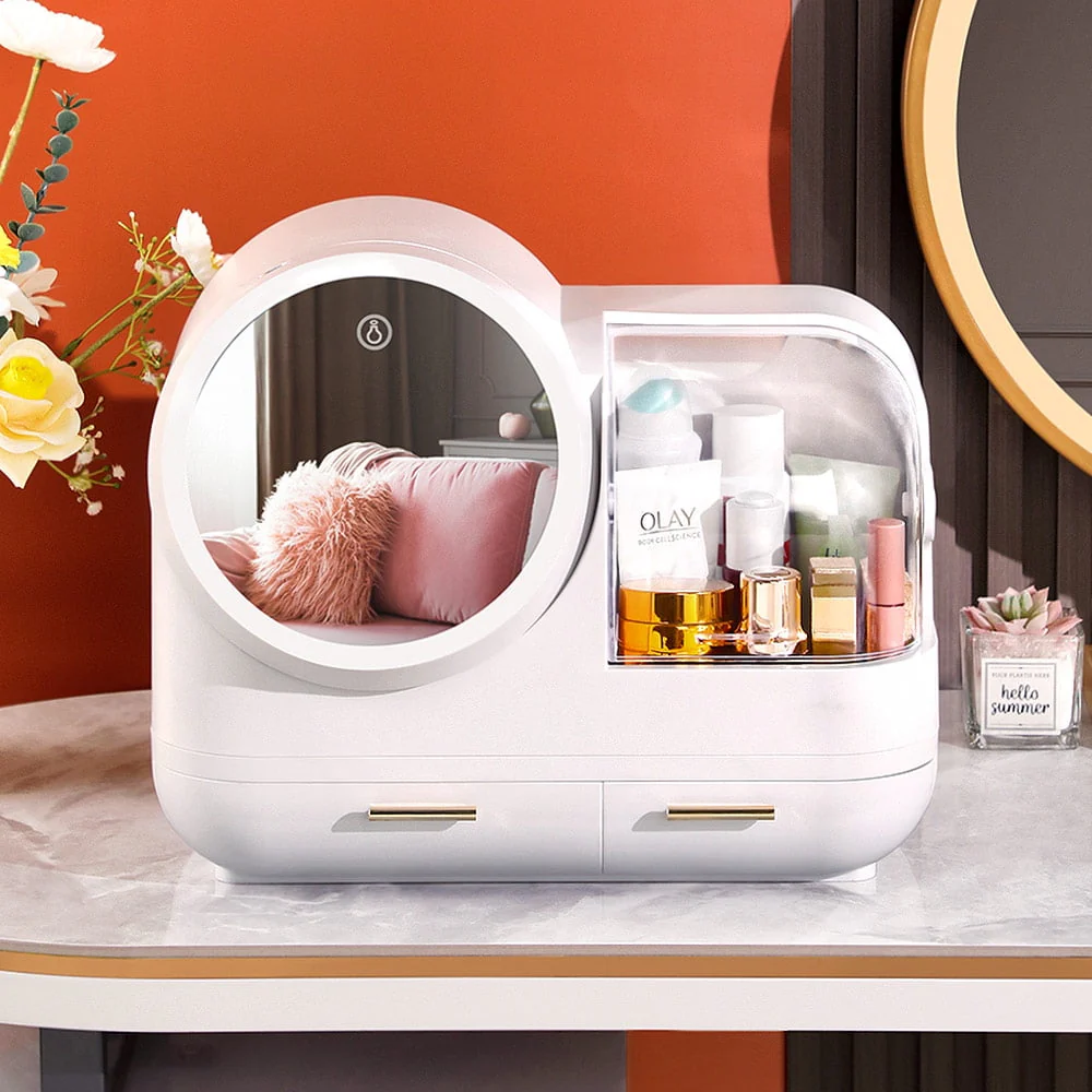 Makeup Storage Organizer, Standing Countertop Multifunctional Cosmetic Organizer with Fan and 360�� Rotating 3 Color Adjustable LED Mirror, White
