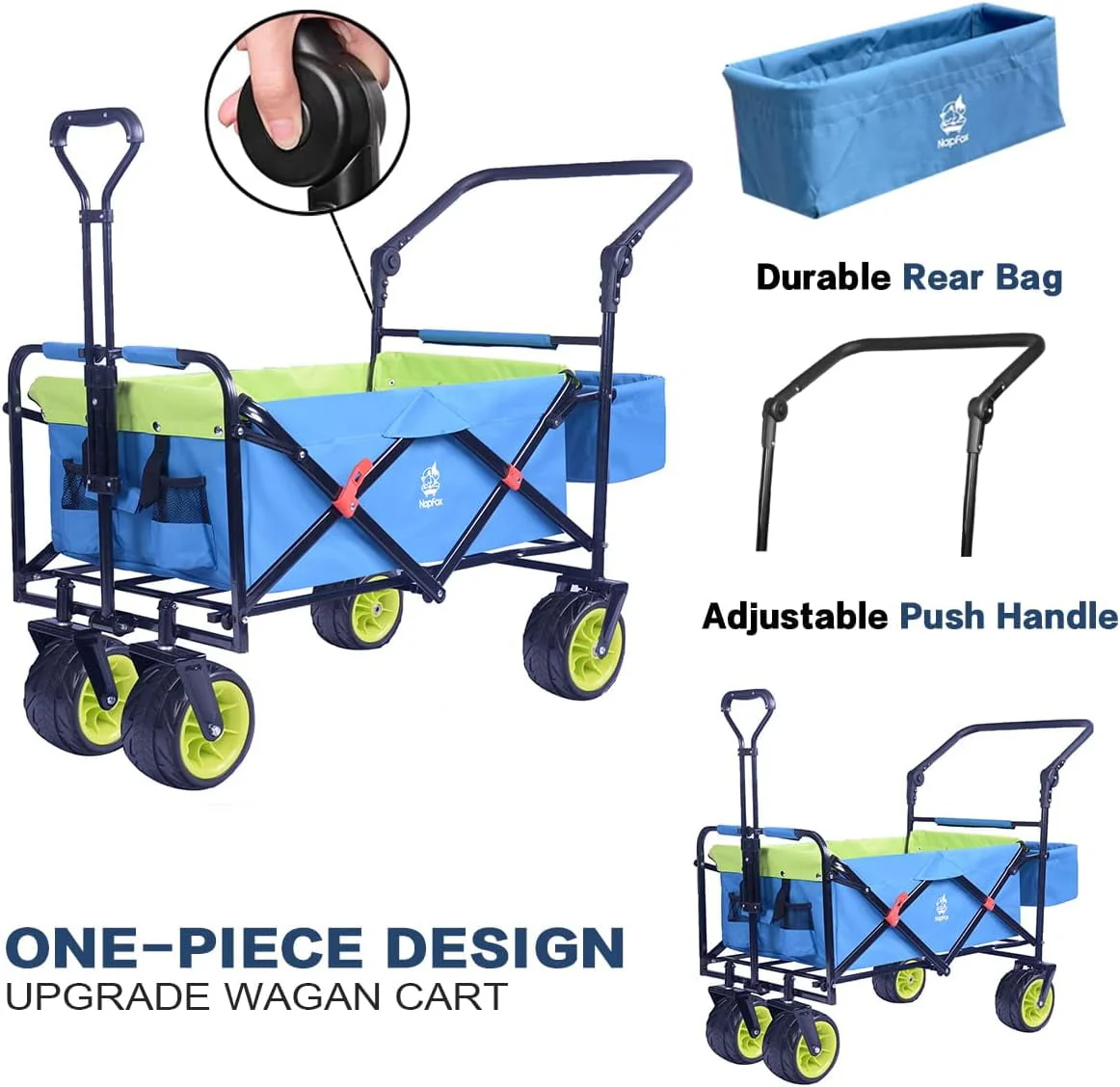 Collapsible Folding Wagon Cart, Heavy Duty Utility Wagon with Removable Rear Bag & Adjustable Push Pull Handle, All Terrain Beach Wagon with Big Wheel for Sand, Blue