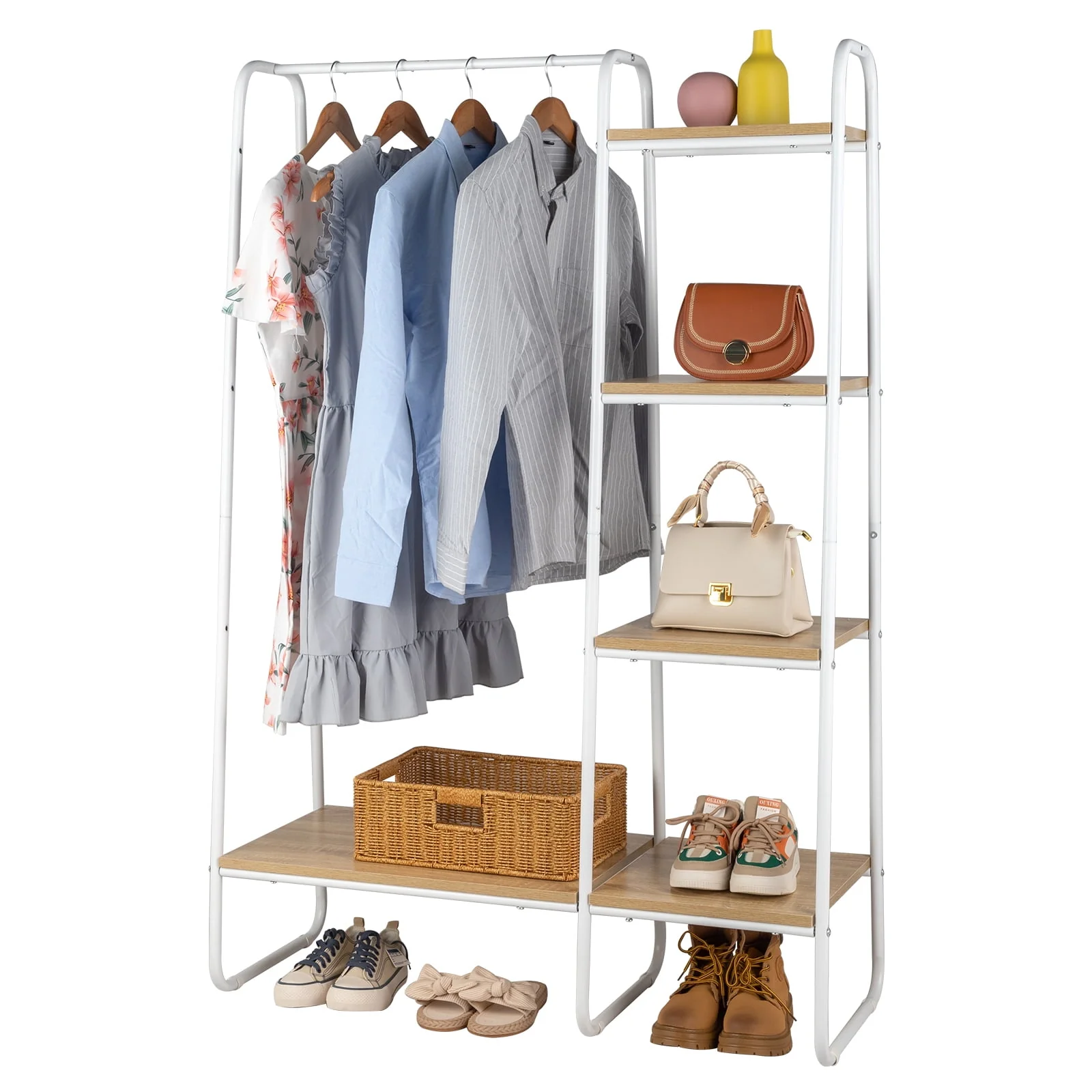 Clothing Rack Garment Rack with Shelves Wardrobe Rack Freestanding Closet Racks with Metal Hanger Rod and 4-Tier Wood Shelves Heavy Duty Clothes Rack for Bedroom Living Room Entryway, White