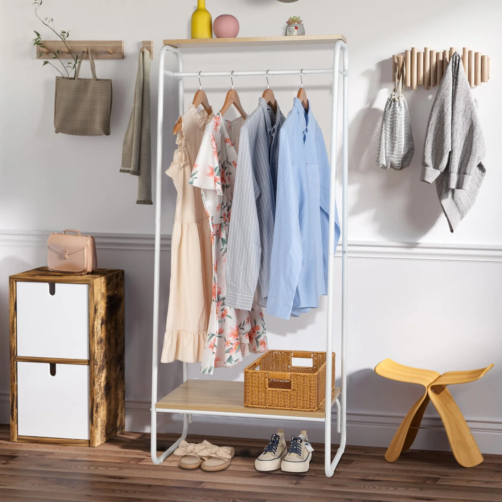 Clothes Rack for Hanging Clothes with 2 Wood Shelves, Freestanding Clothing Rack, Easy to Assemble Garment Rack, Metal, Sturdy Design, Small Space Storage Rack, White