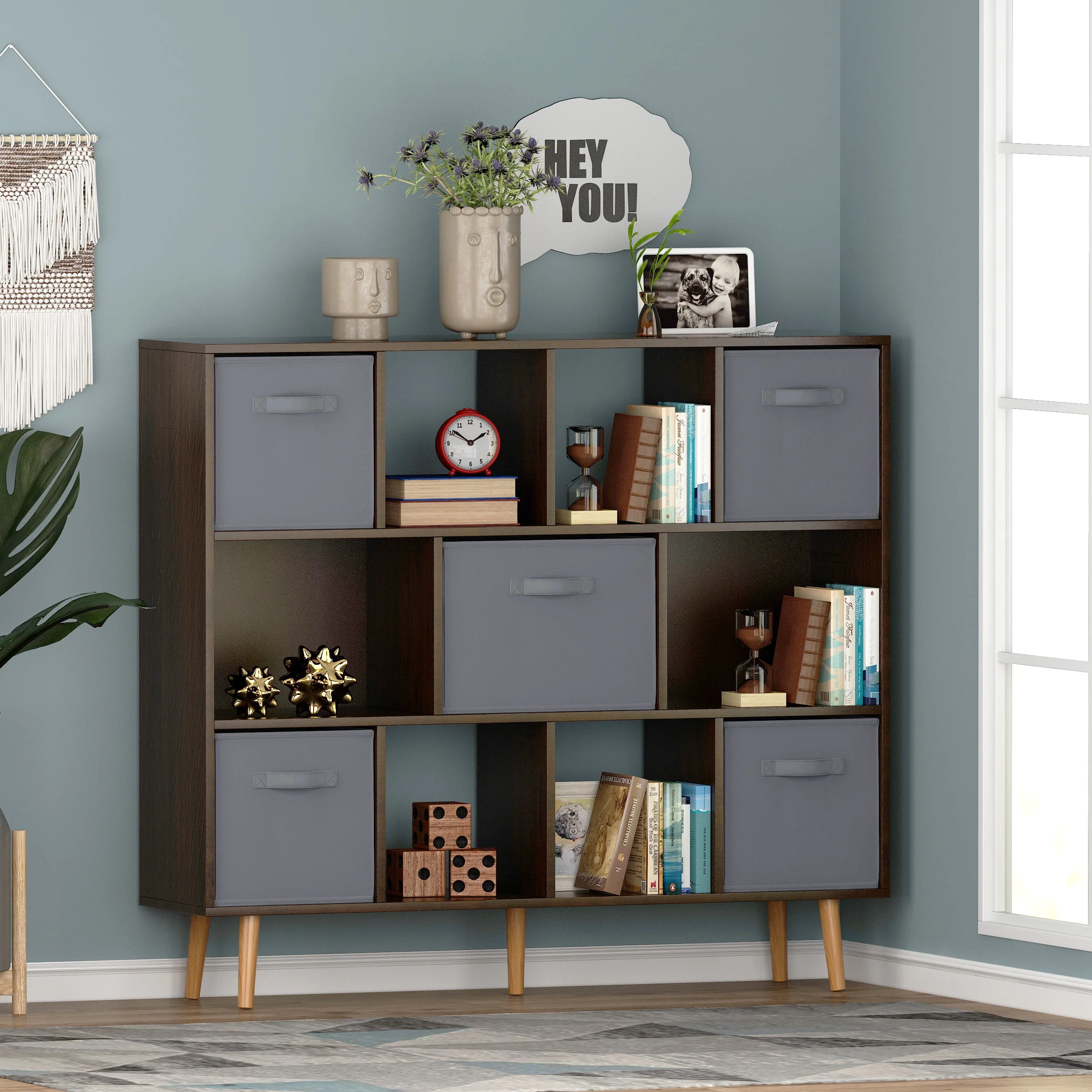 11-Cube Storage Organizer, Bookshelf with Storage Bins, 4 Tier Freestanding Open Bookshelf with 5 Nonwoven Fabric Drawers,Brown
