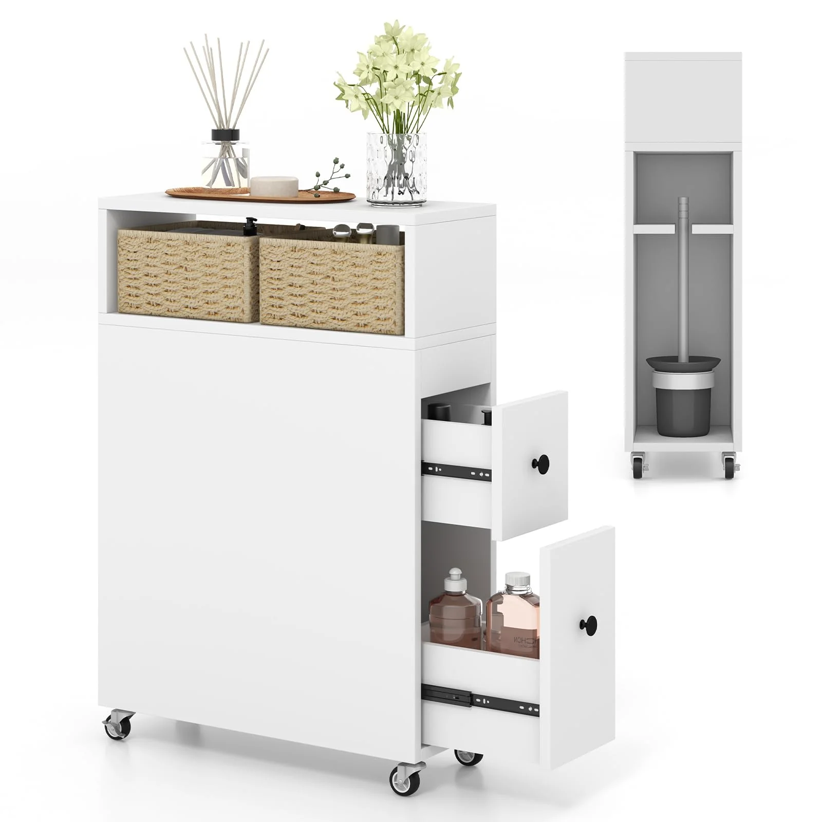 Giantex Small Bathroom Storage Cabinet - Slim Bathroom Organizer with Wheels, 2 Drawers, 2 Baskets