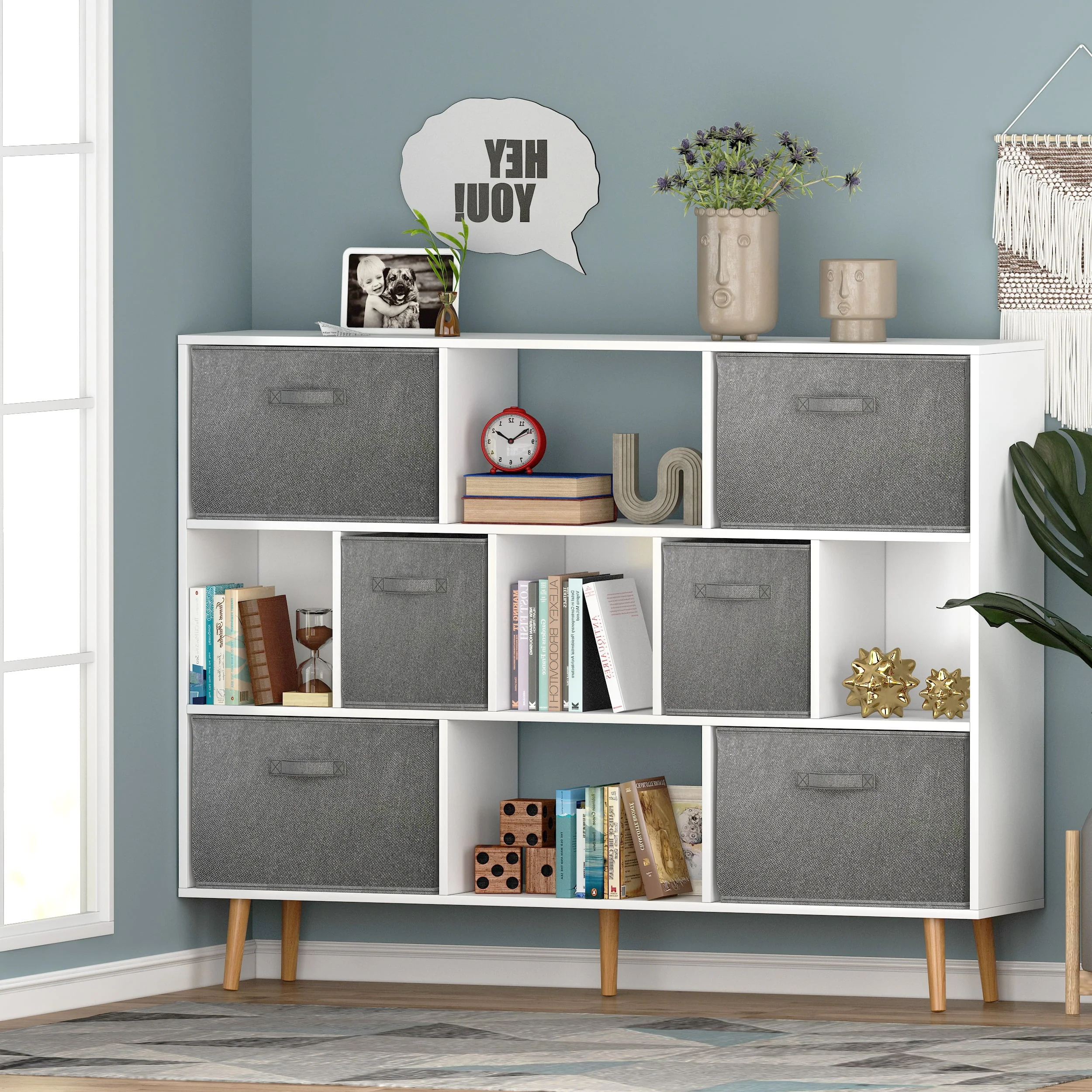 11-Cube Storage Organizer, Bookshelf with Storage Bins, 4 Tier Freestanding Open Bookshelf with 6 Nonwoven Fabric Drawers,White