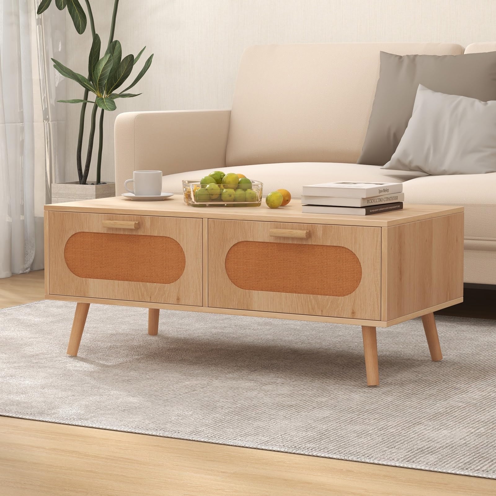Giantex Rattan Coffee Table, Mid Century Modern Center Table with 2 Storage Drawers & Back Compartment