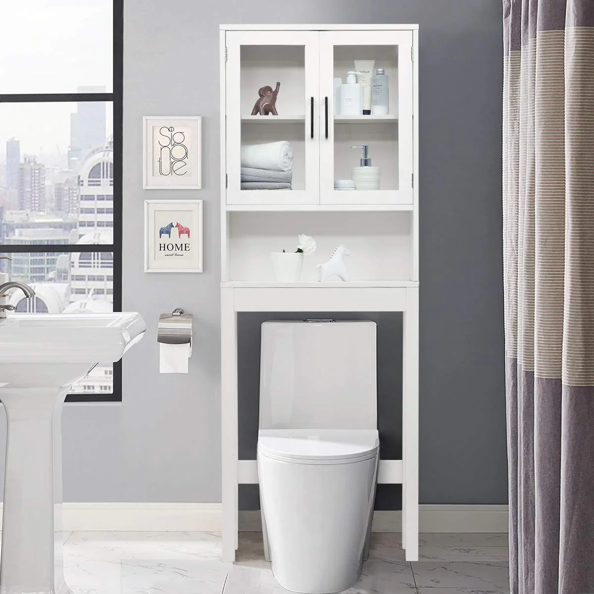 Giantex Over-The-Toilet Storage Cabinet W/Tempered Glass Doors, 3-Position Adjustable Shelf