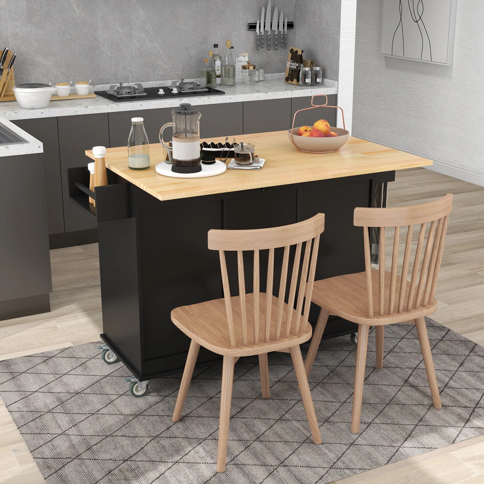 Mobile Kitchen Island Cart, Kitchen Cart with Wood Top and Drop Leaf Breakfast Bar, Rolling 52.7
