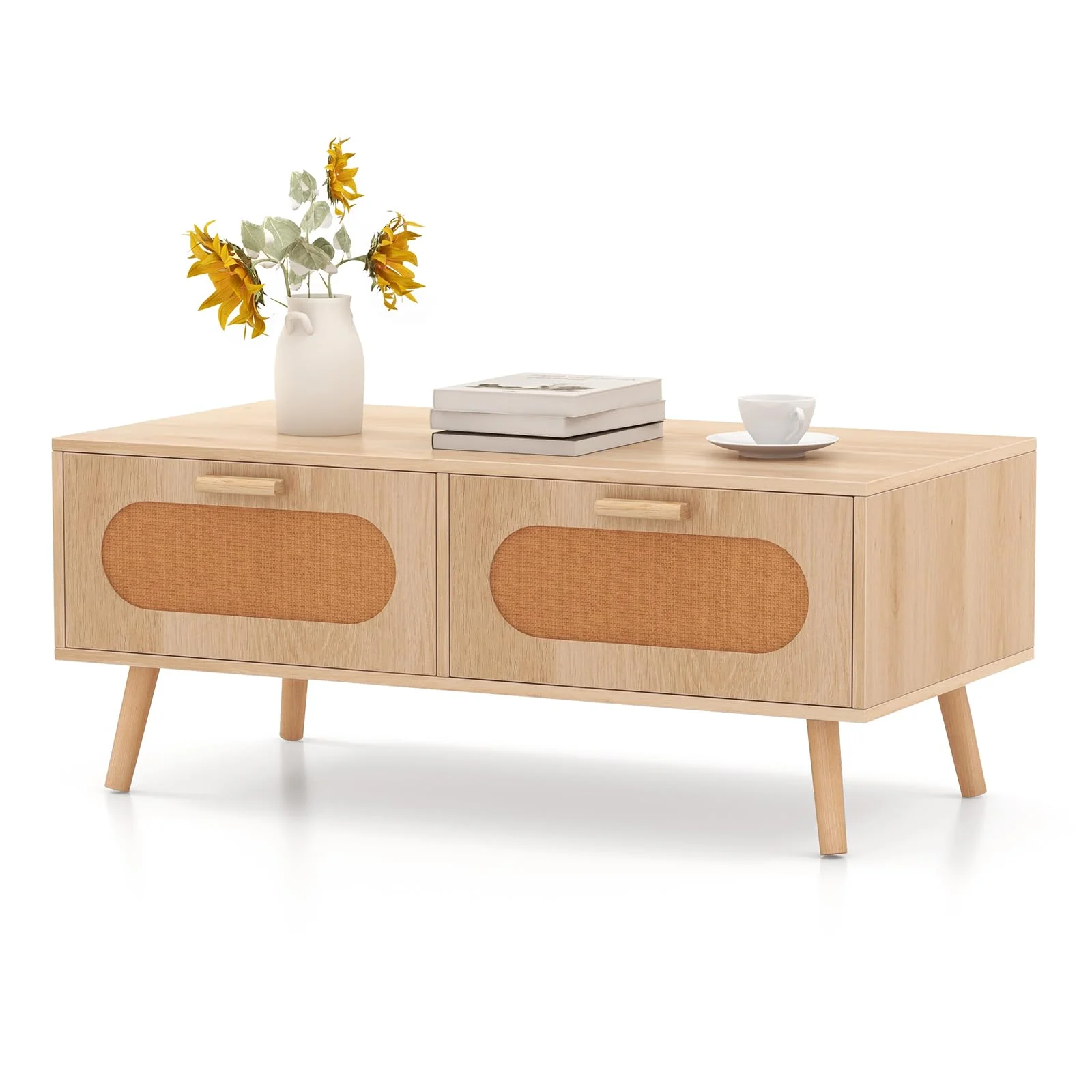 Giantex Rattan Coffee Table, Mid Century Modern Center Table with 2 Storage Drawers & Back Compartment