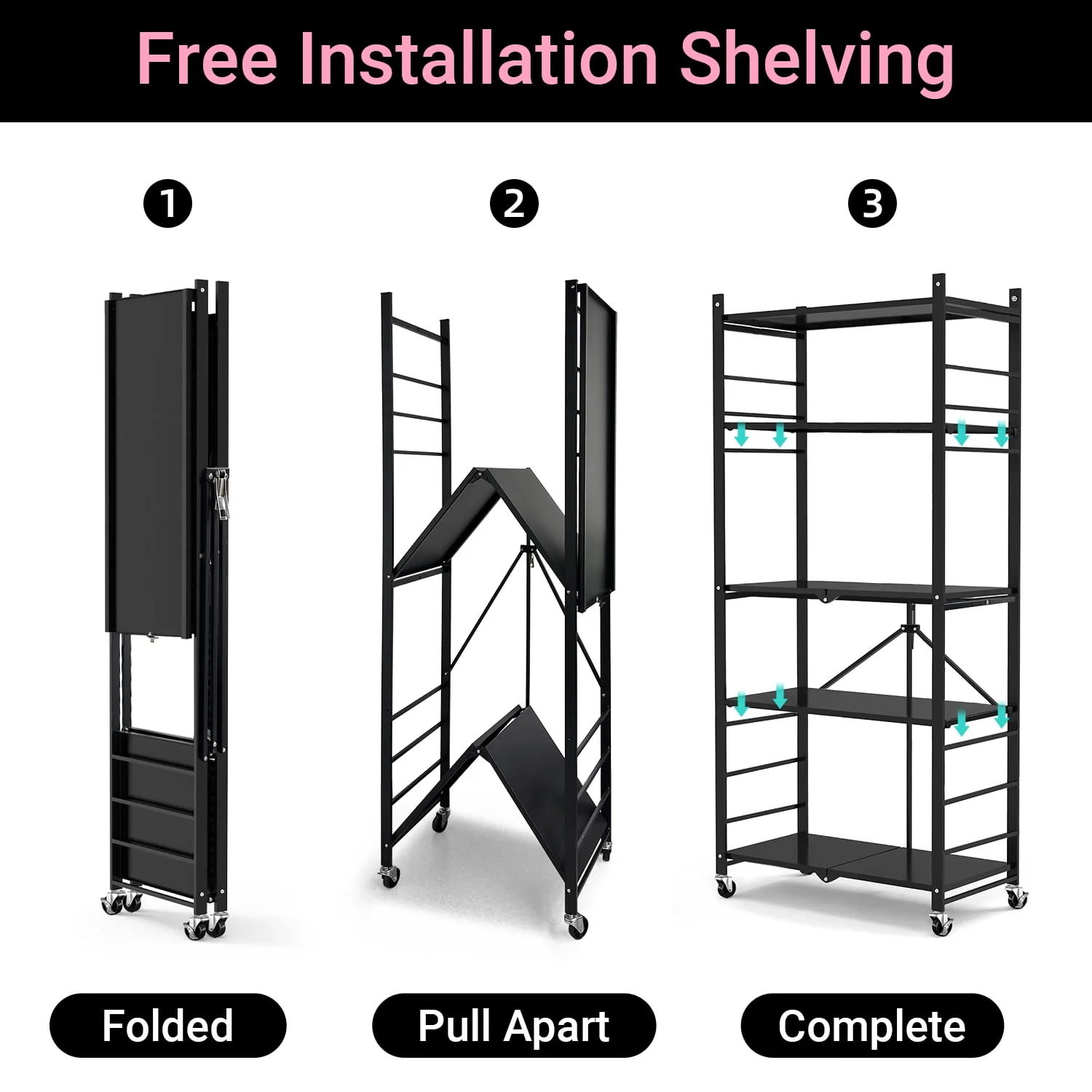 5-Tier Storage Shelving Unit, Metal Shelf, Adjutable Height, Foldable Storage Shelf with Wheels, Garage Shelf, Kitchen Shelf, Side Protective, 550lbs Capacity, Black