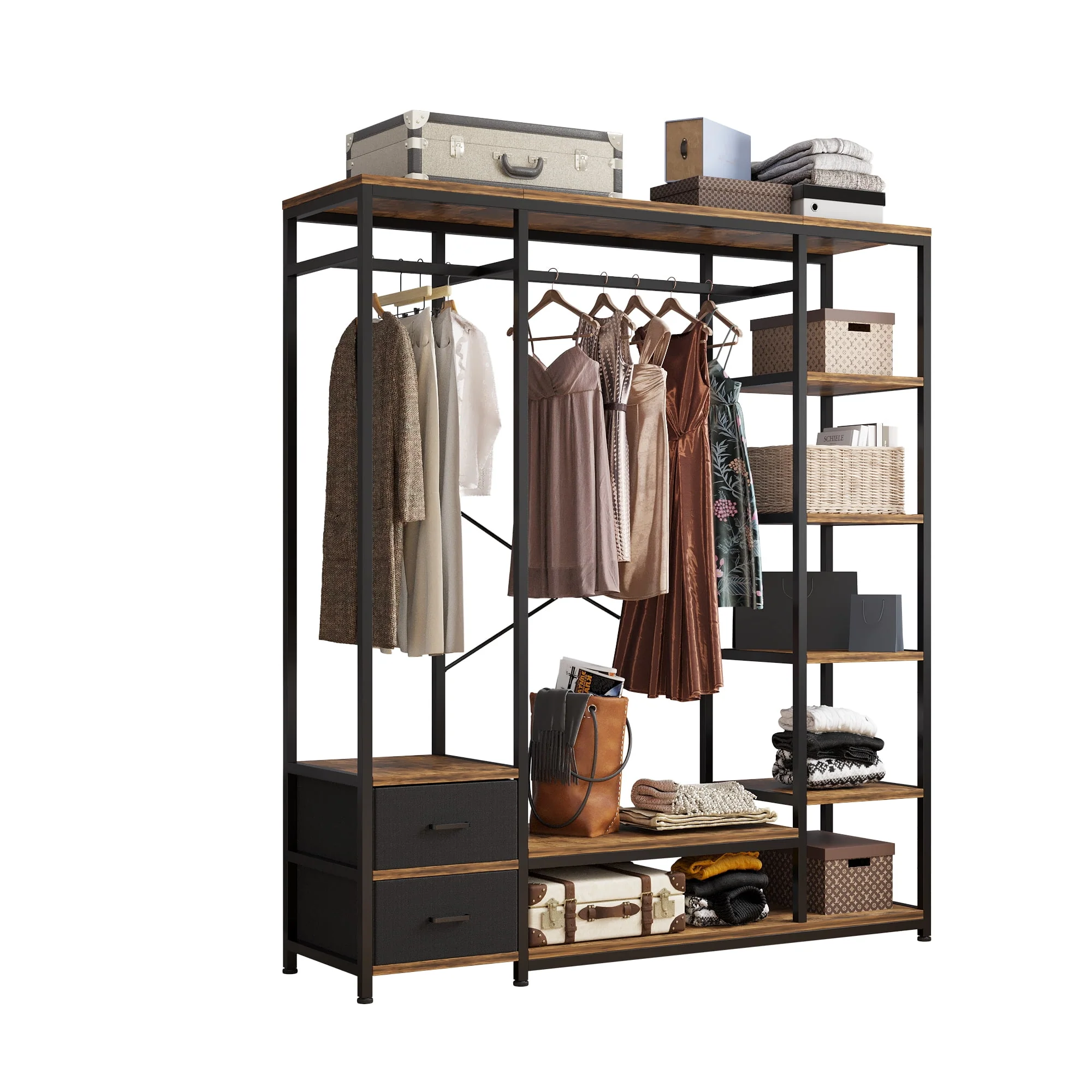 Metal Garment Rack Heavy Duty Clothing Rack with Shelves Freestanding Closet Organizer, Non-Woven Drawer