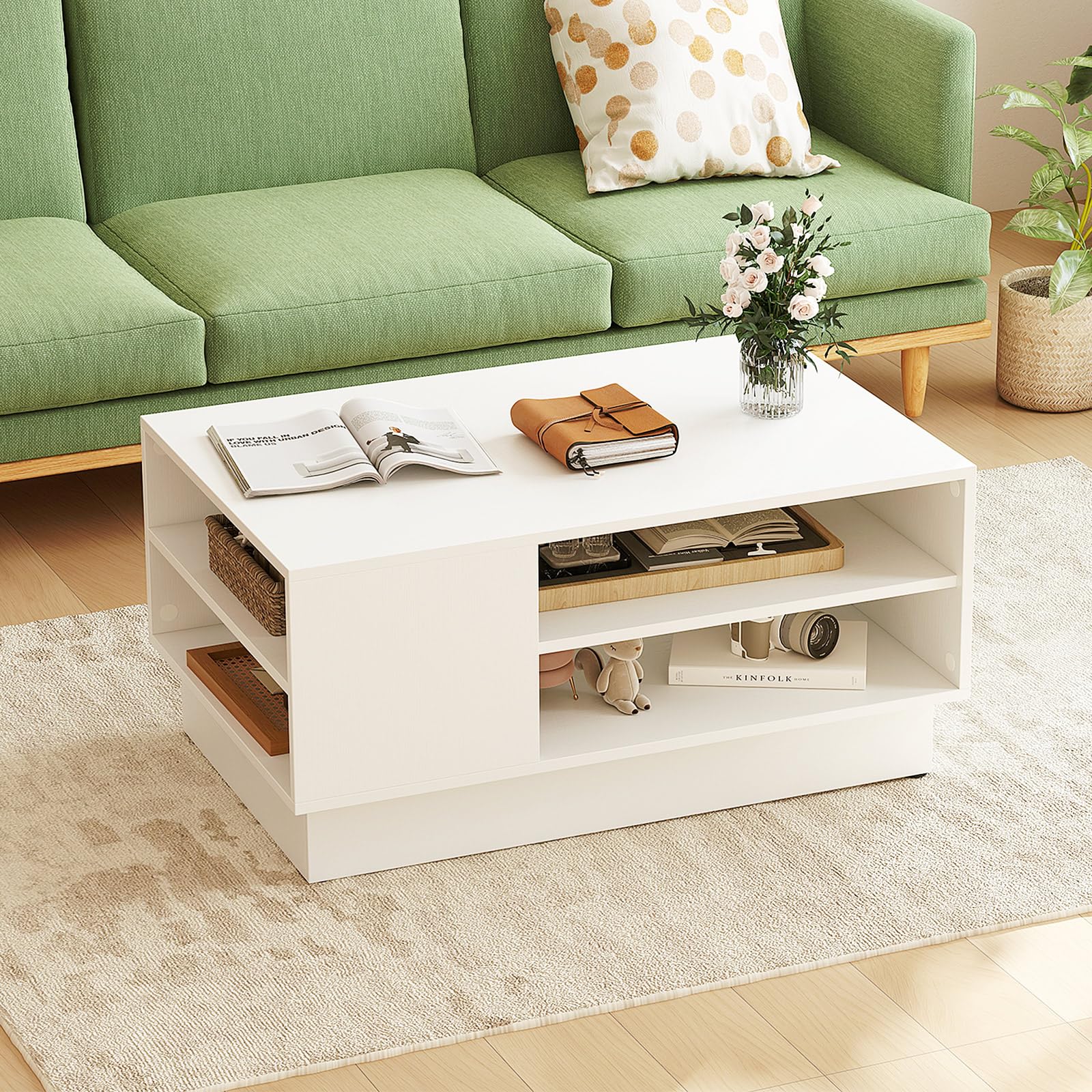 Giantex Coffee Table with Storage, Rectangle Accent Sofa Table with Shelf & Elevated Base
