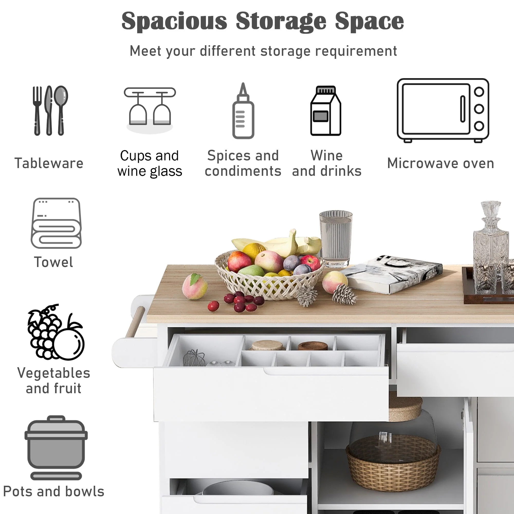 Kitchen Cart with Wood Countertop, Rolling Kitchen Storage Cabinet on Wheels with 8 Handle-Free Drawers, Rolling Mobile Kitchen Island with Towel Rack, 53.2