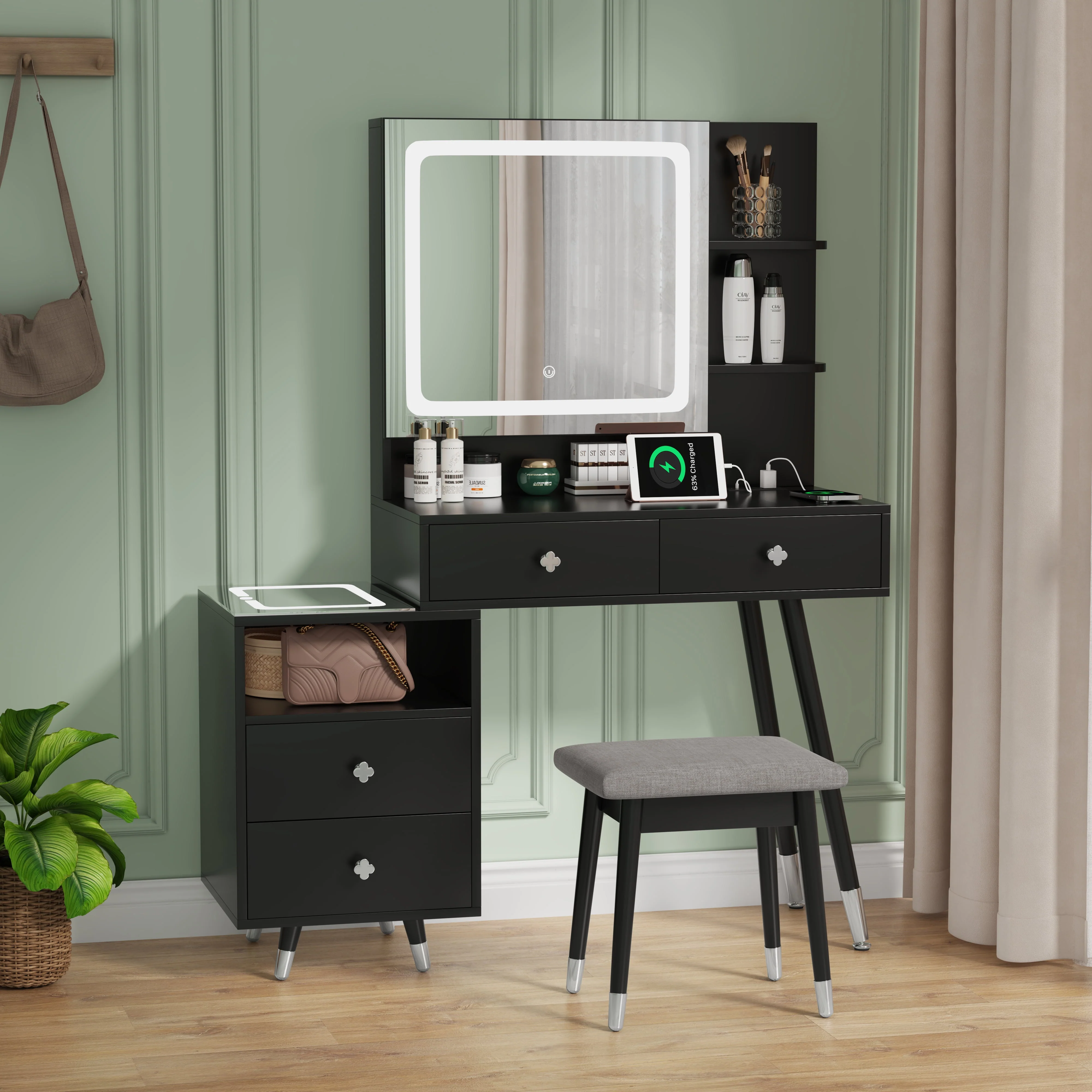 Vanity Desk, Vanity Mirror with Lights and Table Set with 4 Drawers, Vanity Set with Stool and Power Outlet, 3 Lighting Modes Brightness Adjustable for Bedroom Studio