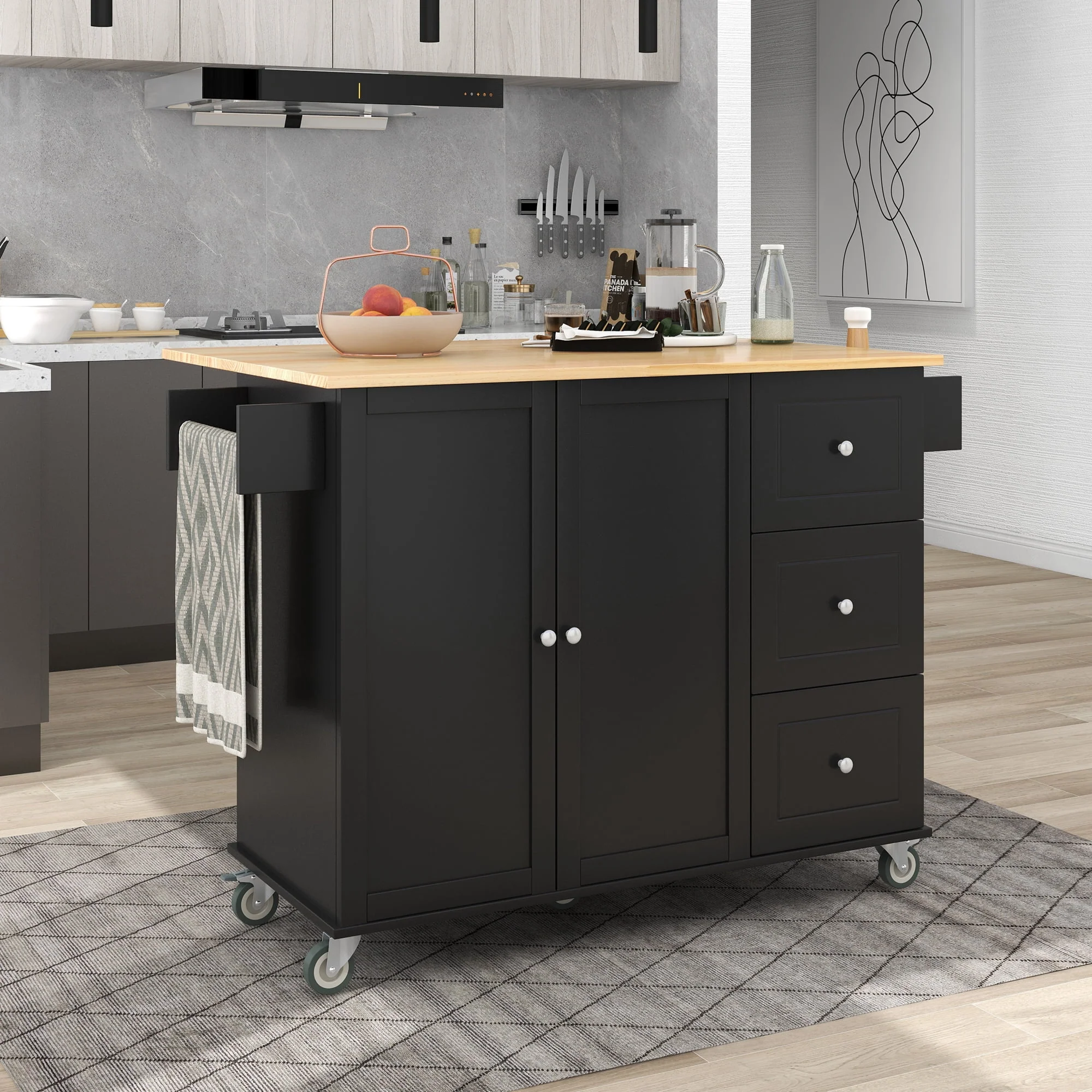 Mobile Kitchen Island Cart, Kitchen Cart with Wood Top and Drop Leaf Breakfast Bar, Rolling 52.7