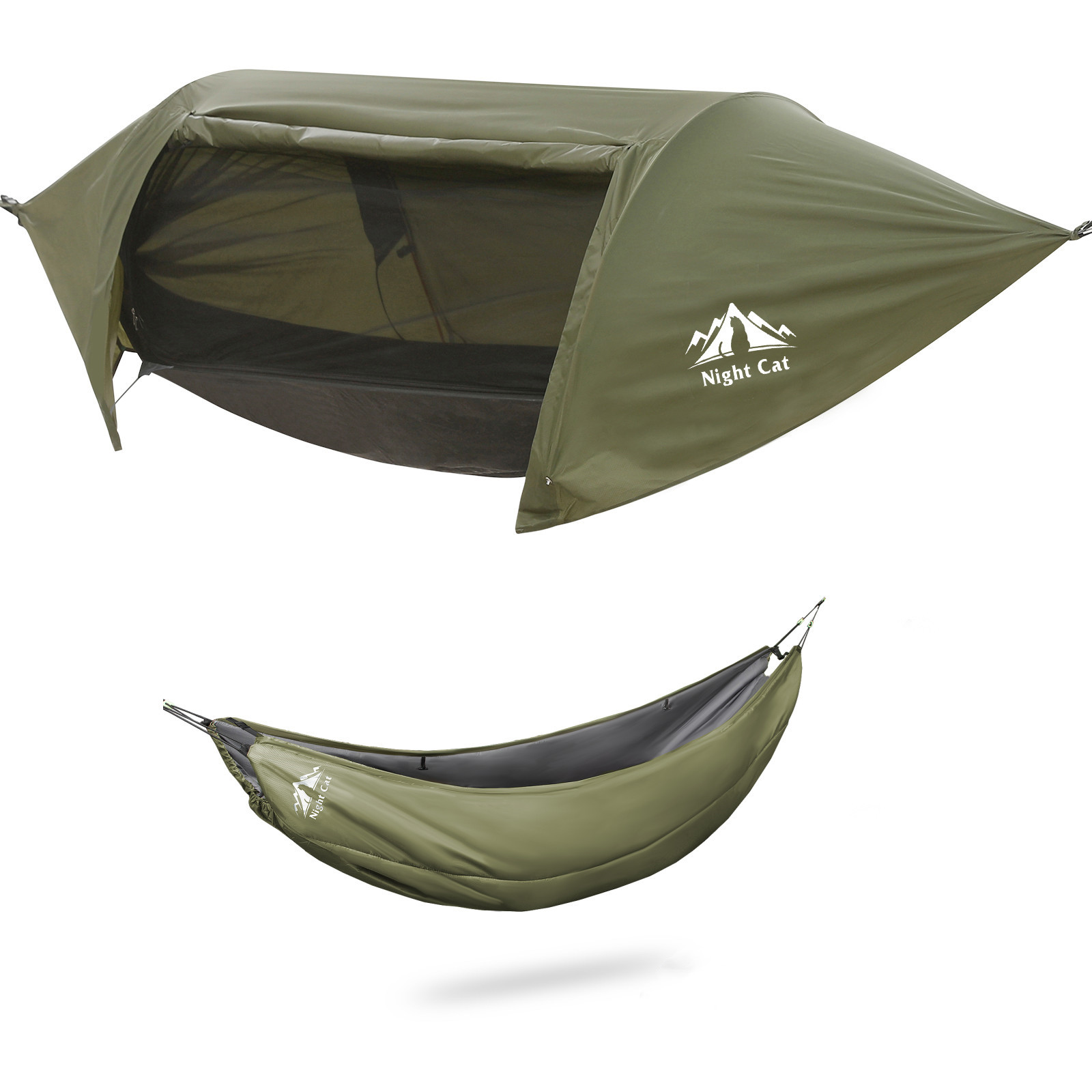 Night Cat Hammock Tent with Mosquito Net and Underquilt Set Waterproof Rainfly for 1 Person Hiking Camping in Garden Backyard Wild Dark Green